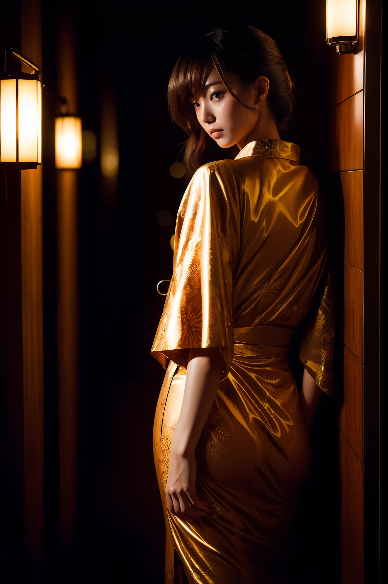 Ass, gyaru, (shiny oiled skin:1.2), Wearing traditional patterned Japanese kimono, gyaru exposes her ass, cinematic lighting, dark night