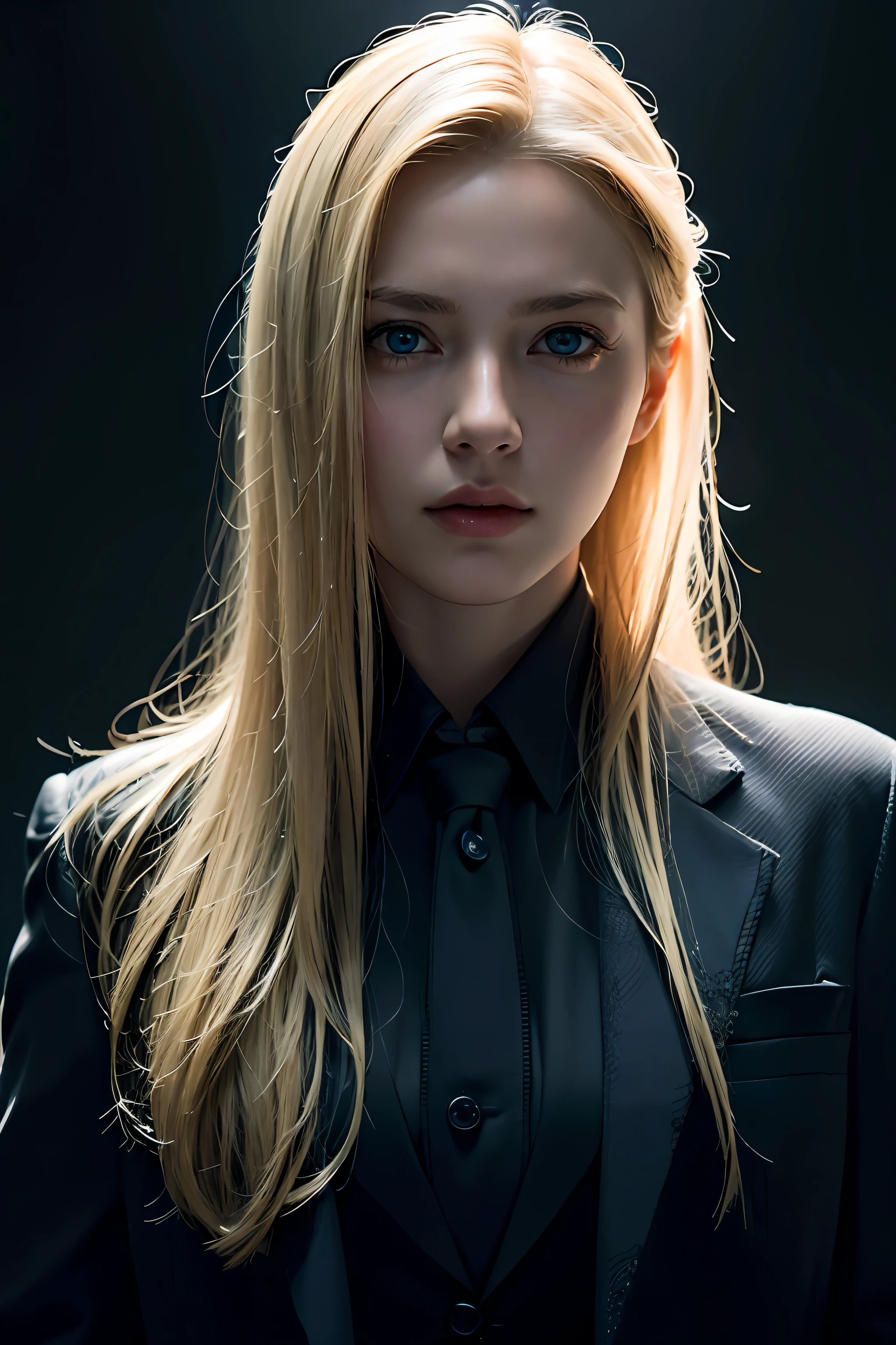 Best quality, masterpiece, ultra high res, (photorealistic:1.4), raw photo, 1girl, blonde hair, blue eyes, detailed eyes and face, black suit, dynamic lighting, in the dark, deep shadow, low key, cowboy shot full-lenght body