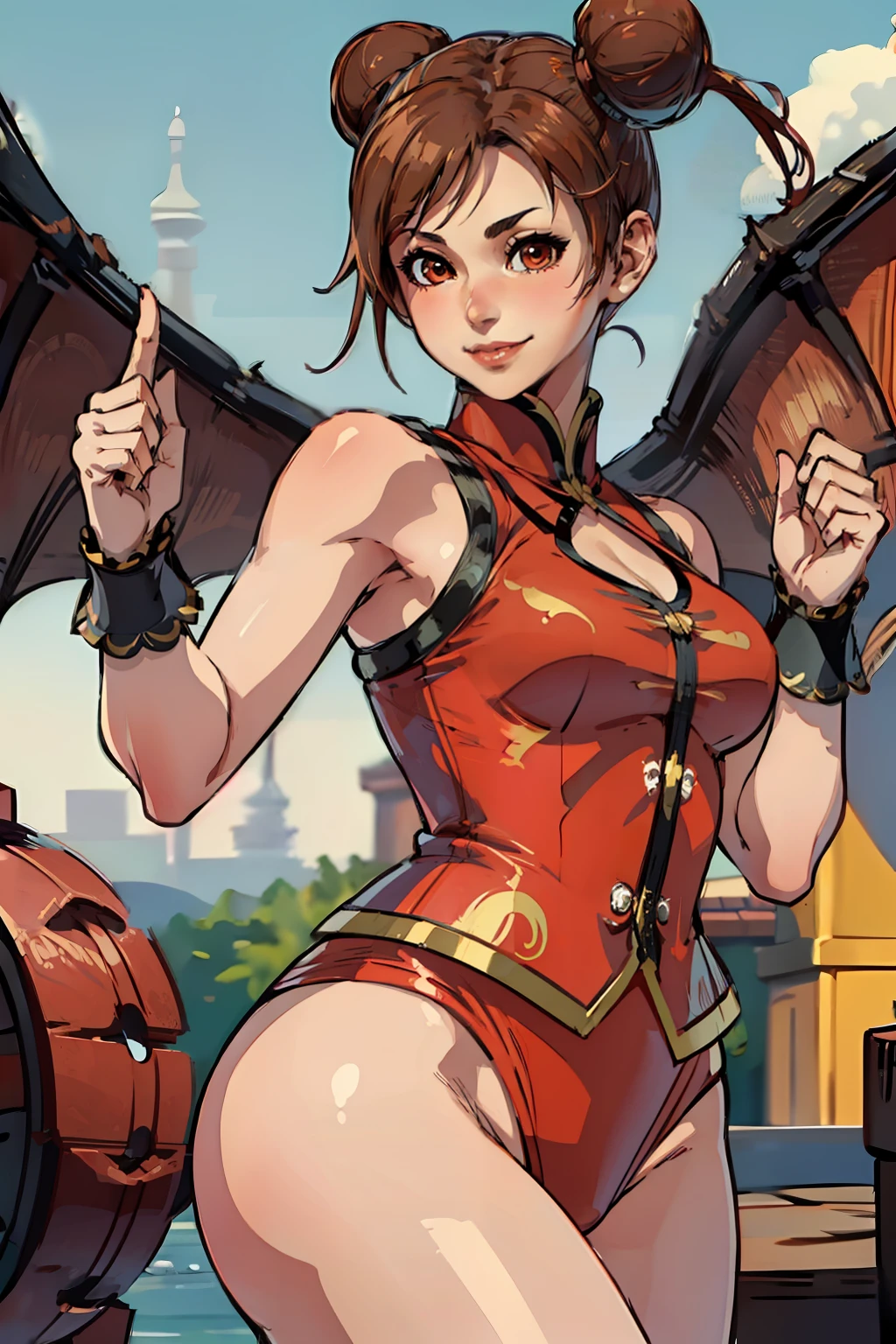 1girl, aged, light smile, MuiMuiMS, solo, medium breasts, blurry, blurry background, china, palace, dragon print, chun-li (cosplay), panties, red clothes, lipstick