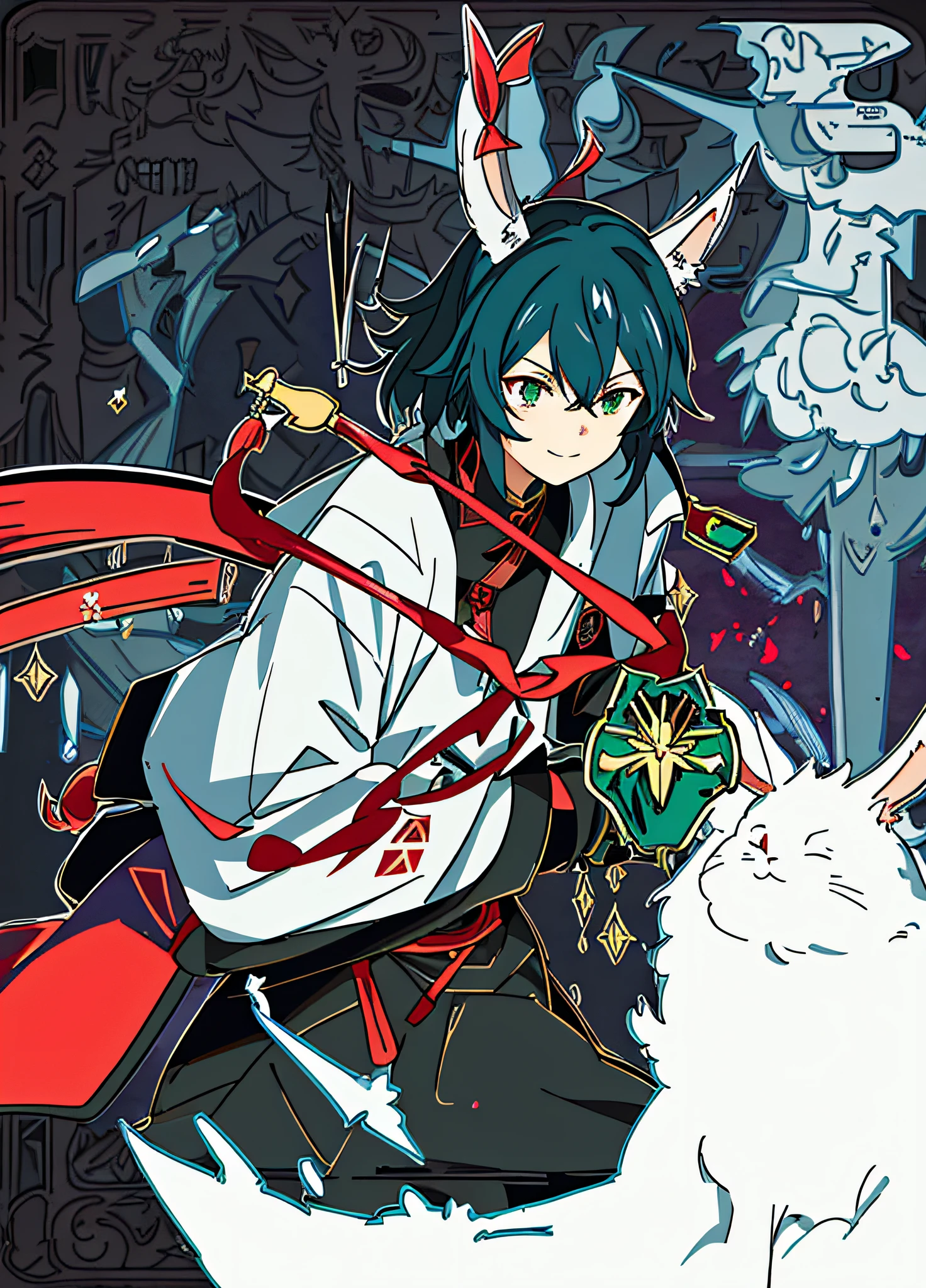 (Fusion of the Dragon King Ninja Goto art style,A girly style created by Yuki Ogura,Light blue medium hair,Boyish,Blue rabbit ears,Armed with a bone sword,Black punk set,A red crescent moon floats on the sleeve,Green eyes,Suppressed smile,neuter,style de carte de tarot,Tarot cards representing demons,There is a skull on the back,Postures that show a sense of oppression,There is a strong sense of oppression,The background is dark red,male people,A sense of evil,Sense of villain)