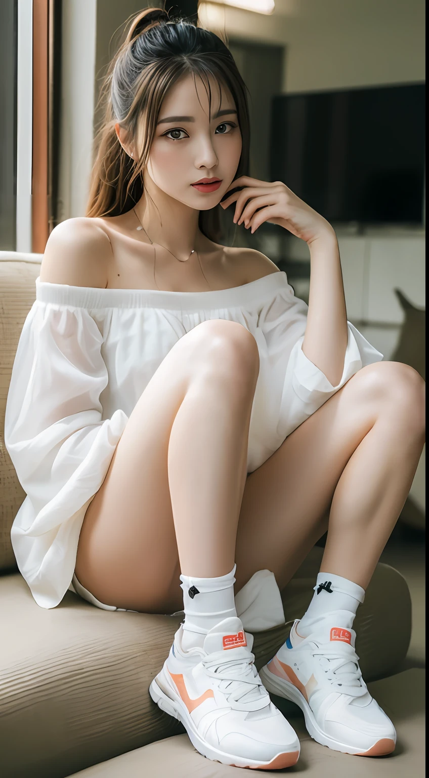 ((Best picture quality, 8K, tmasterpiece:1.3)), 1girll, Casual hairstyle, (off-shoulder blouse,Short pleated skirt:1.3),(wet see through clothes:1.4),Ultra-fine face, A detailed eye, 二重まぶた,(long leges:1.4),(athletic sneakers:1.3),Sit on your side on the sofa