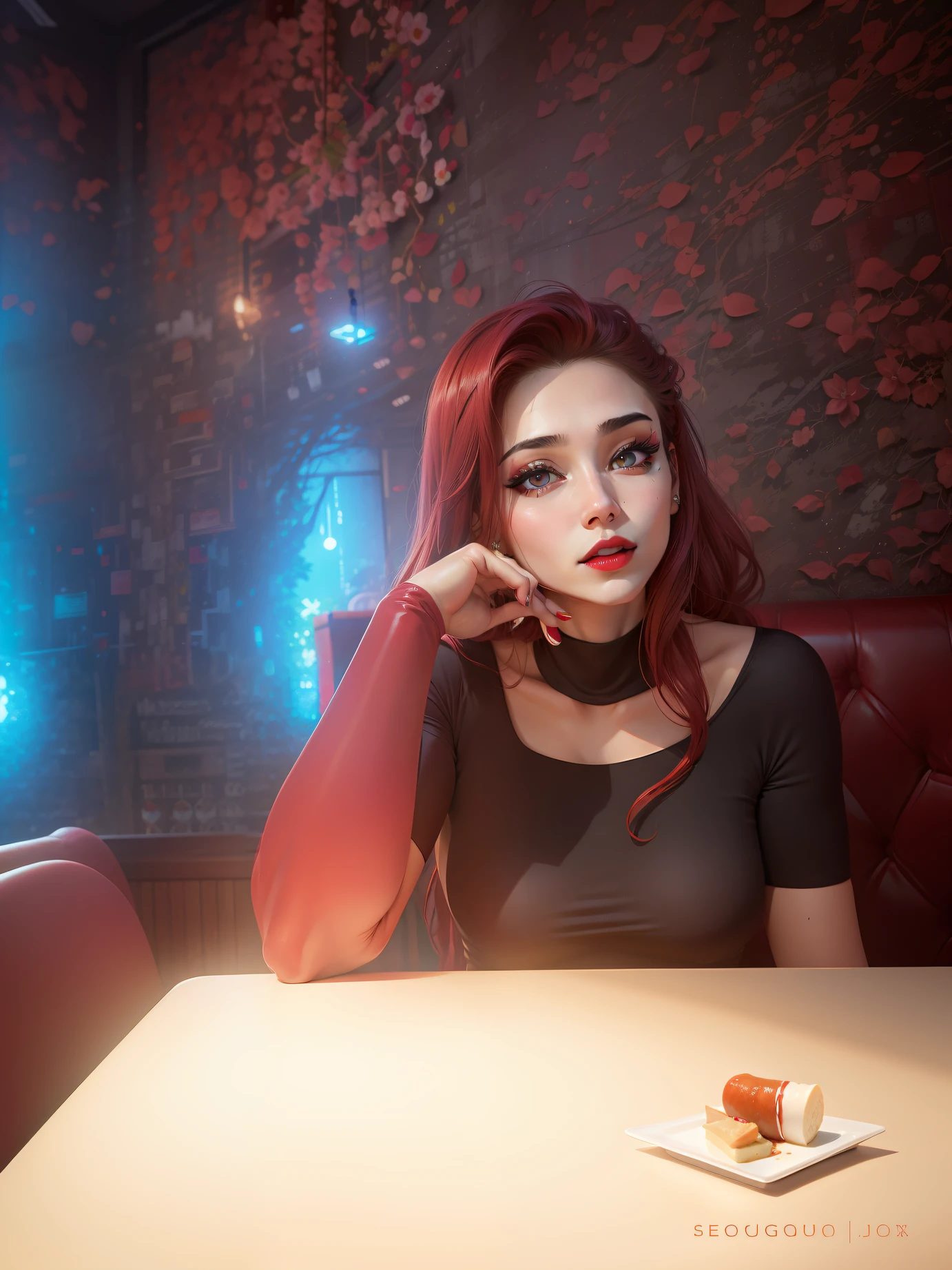 In restaurant , slim body, sexy eyes,red lips,peace colour