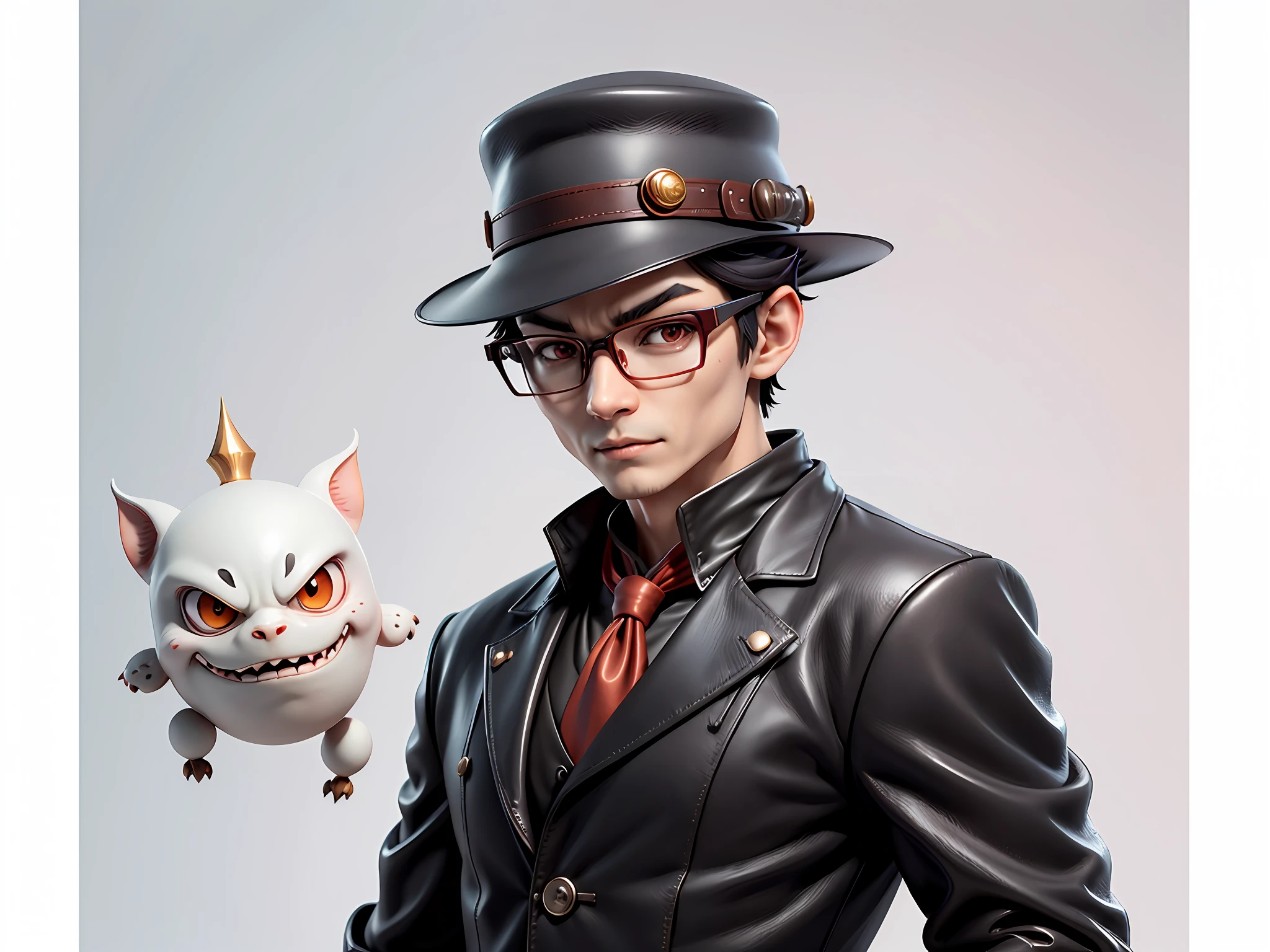Young man with oriental face in leather hat, dragon, formal suit, short black hair, silver glasses, digital painting, 3D character design by Mark Clairedon and Pixar and Hayao Miyazaki and Akira Toriyama, the illustration is a high-definition illustration in 4K resolution with very detailed facial features and cartoon-style visuals.