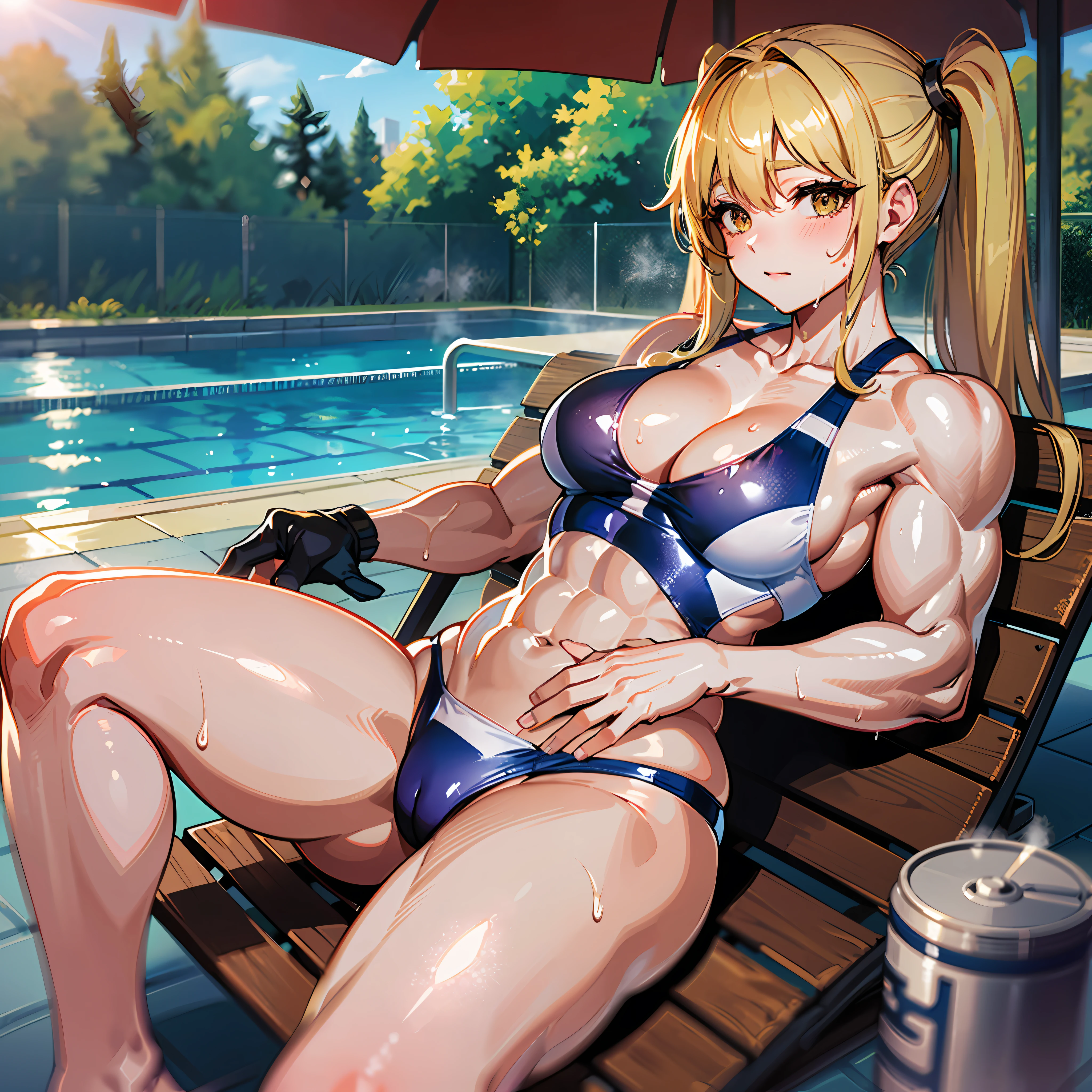 ((​masterpiece))、((Top image quality))、((top-quality))、(((Illustration of one woman)))、(((Muscle Woman)))、full body Esbian、((30-years old))、((neuter))、((Blonde twintails))、Light golden eyes、((Long body))、(((perspiring)))、((Steam wafting all over the body))、((Body wet with sweat))、(((Muscular and strong body)))、((Split abs))、(((muscular and thick arms)))、(((muscular and thick thighs)))、((manspreading))、((Sports Swimwear))、Sitting on a deck chair、in poolside