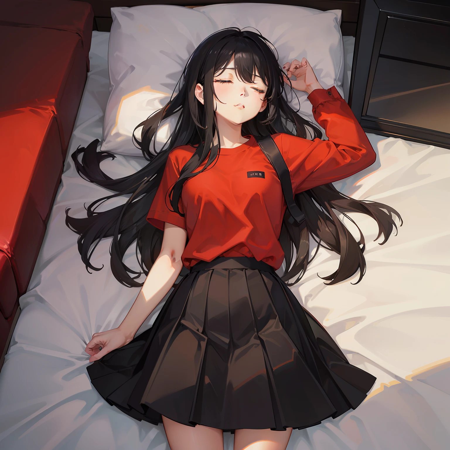 masterpiece、hightquality、vivd colour、(((Long Black Hair)))、(((Red Shirt)))、(((a black skirt)))、(((sleep)))