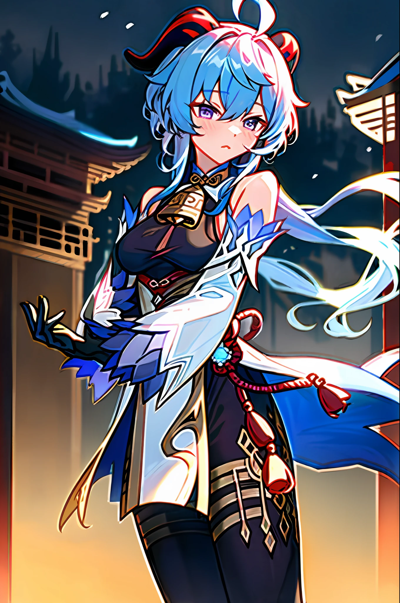 ganyu\(genshin impact\), 1girl, ahoge, architecture, bangs, bare shoulders, bell, black gloves, black tights, ((blue hair), blush, breasts, chinese knot, sleeve, East Asian architecture, flower knot, glove, horn, long hair, looking at the audience, medium chest, neckbell, night, outdoor, pantyhose, purple eyes, sideburns, solo, tassels, white sleeves, ((masterpiece))