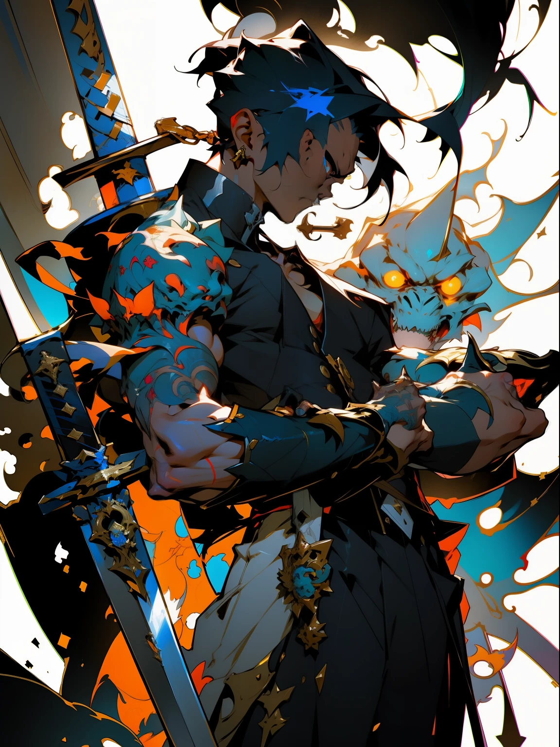 there is a man,Holding a sword and a bird in his arms, guilty gear art direction, ( ( concept art of character ) ), Guilty Gear strives to splash art, guilty gear art style, demon noble character design, interesting character design, detailed full body concept art, hori + concept-art, full body concept, with leviathan axe, Keqing from Genshin Impact