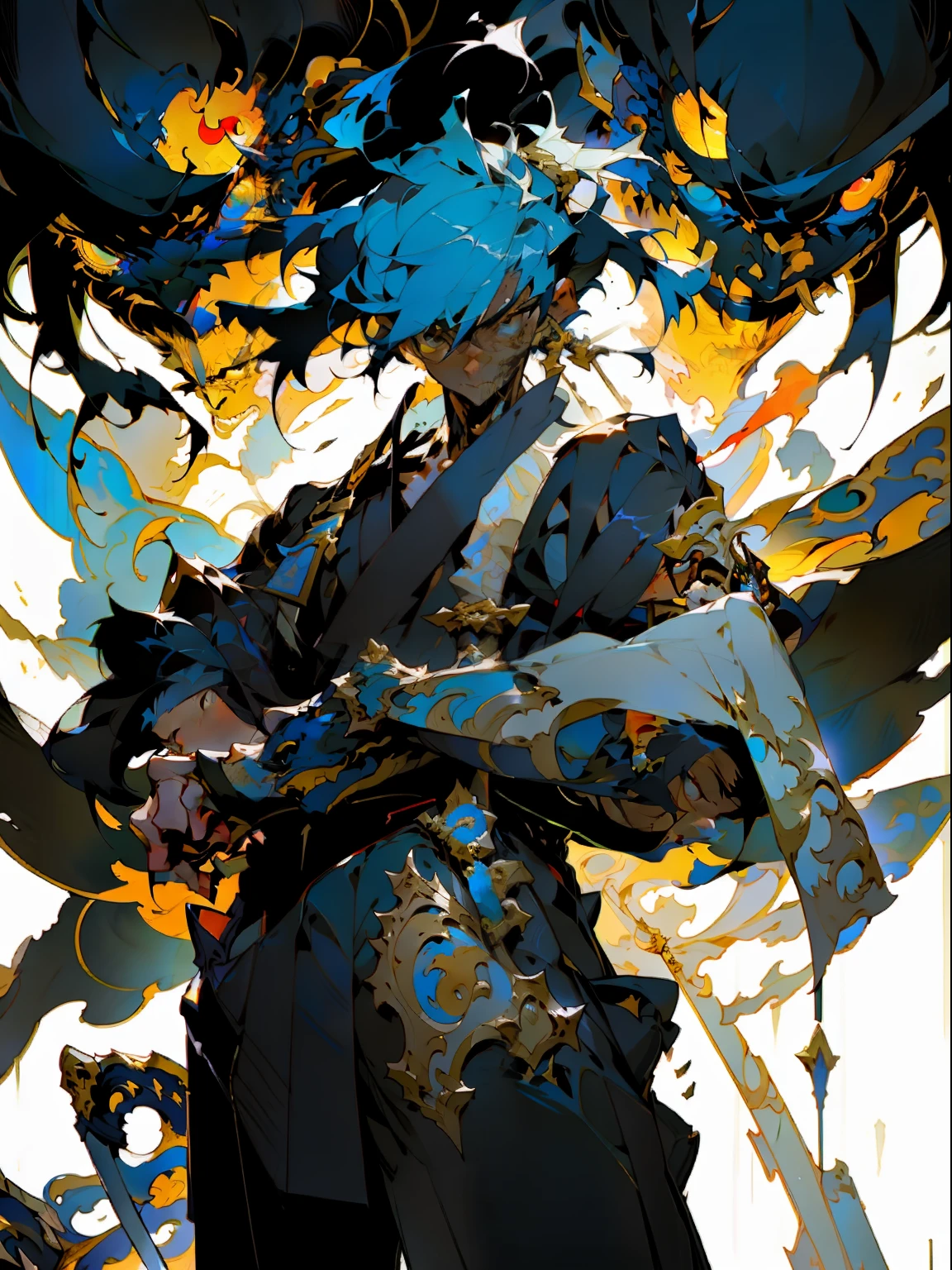 there is a man，Holding a sword and a bird in his arms, guilty gear art direction, ( ( concept art of character ) ), Guilty Gear strives to splash art, guilty gear art style, demon noble character design, interesting character design, detailed full body concept art, hori + concept-art, full body concept, with leviathan axe, Keqing from Genshin Impact