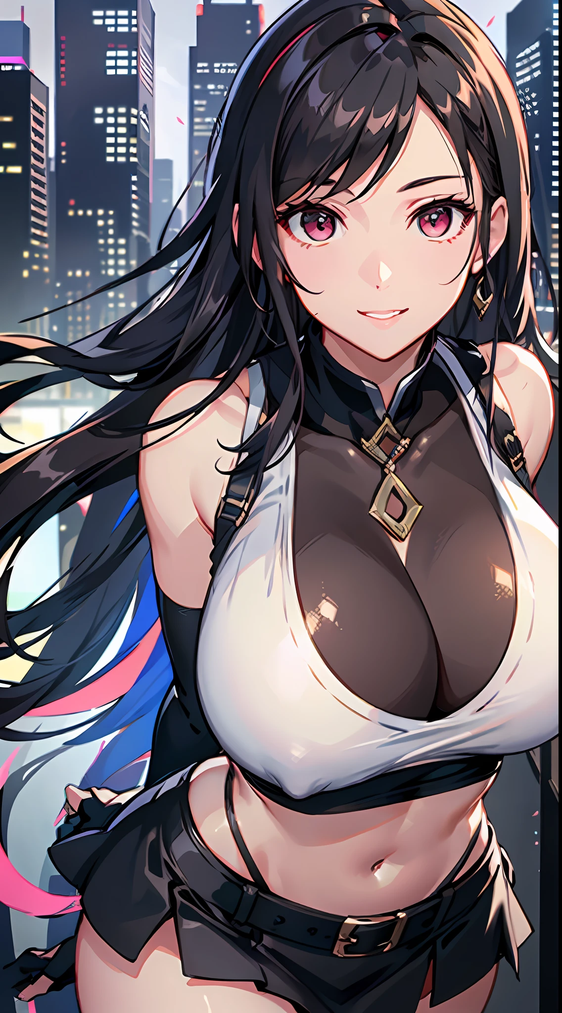 8K，tmasterpiece，bset quality，The large，（1个Giant  Girl），Tifa Lockhart，red color eyes，Top-down view，The rooftops of the city，brunette color hair，long whitr hair，profesional lighting，（shiny skins：1.2），shiny big，（（best qualtiy）），tack sharp focus：1.2，Highly Detailed Face and Skin Textur，Detailed eyes，s the perfect face，Perfect body，blur art，CG，Background with，20yr old，Mature cool beautiful face，dressed in（（Slip black skirt），black elbow gloves， white taut shirt，upper legs，Gilet blanc），Blushlush，Lively posture，（mittgal），Floating hair，Close-up above the chest，ssmile，cleavage