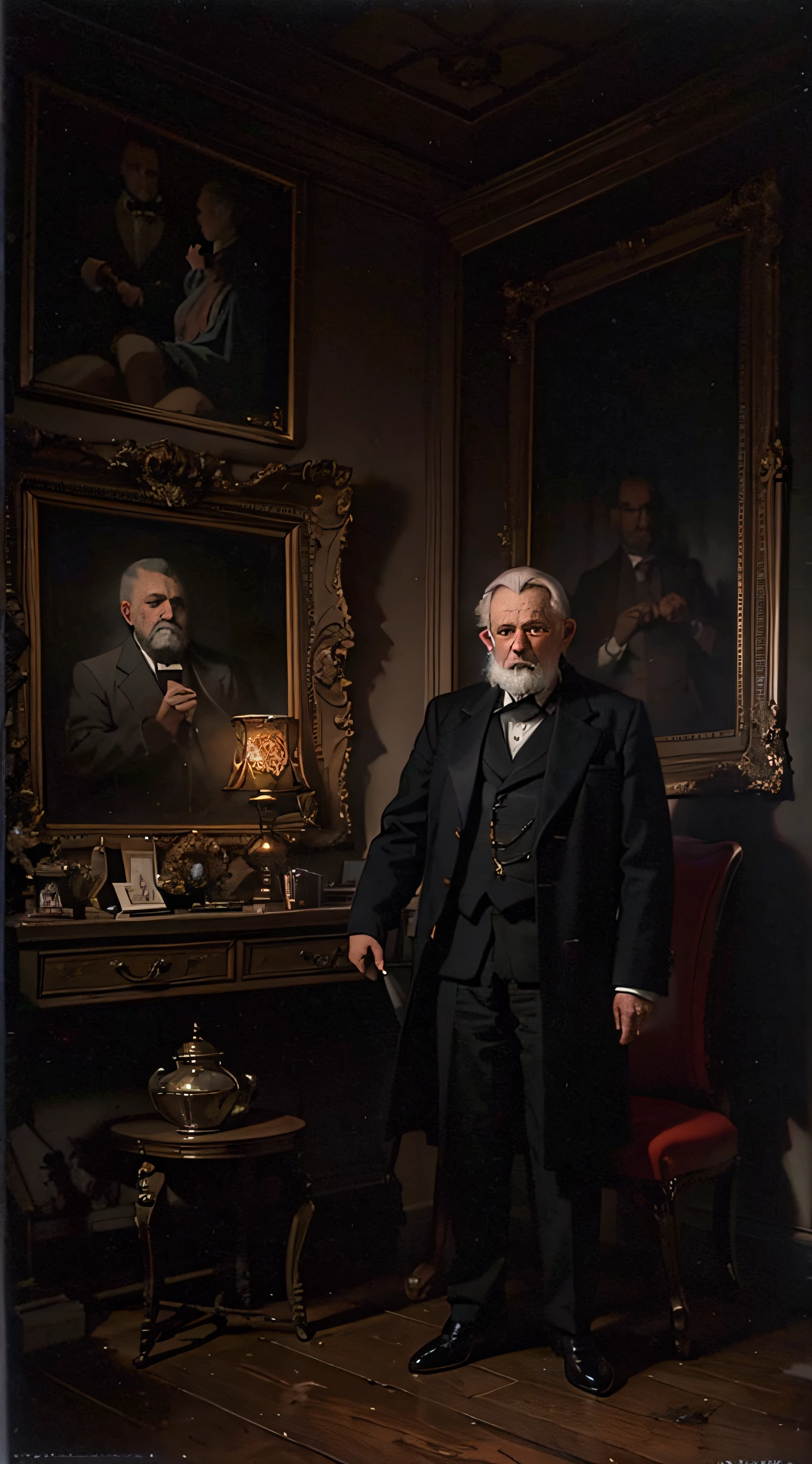 framed picture oil painting , portrait of older man, 19th century, 1900,  in the historical interior environment, darkened room, cinematic lighting, contrast lighting, raw --v 5.2