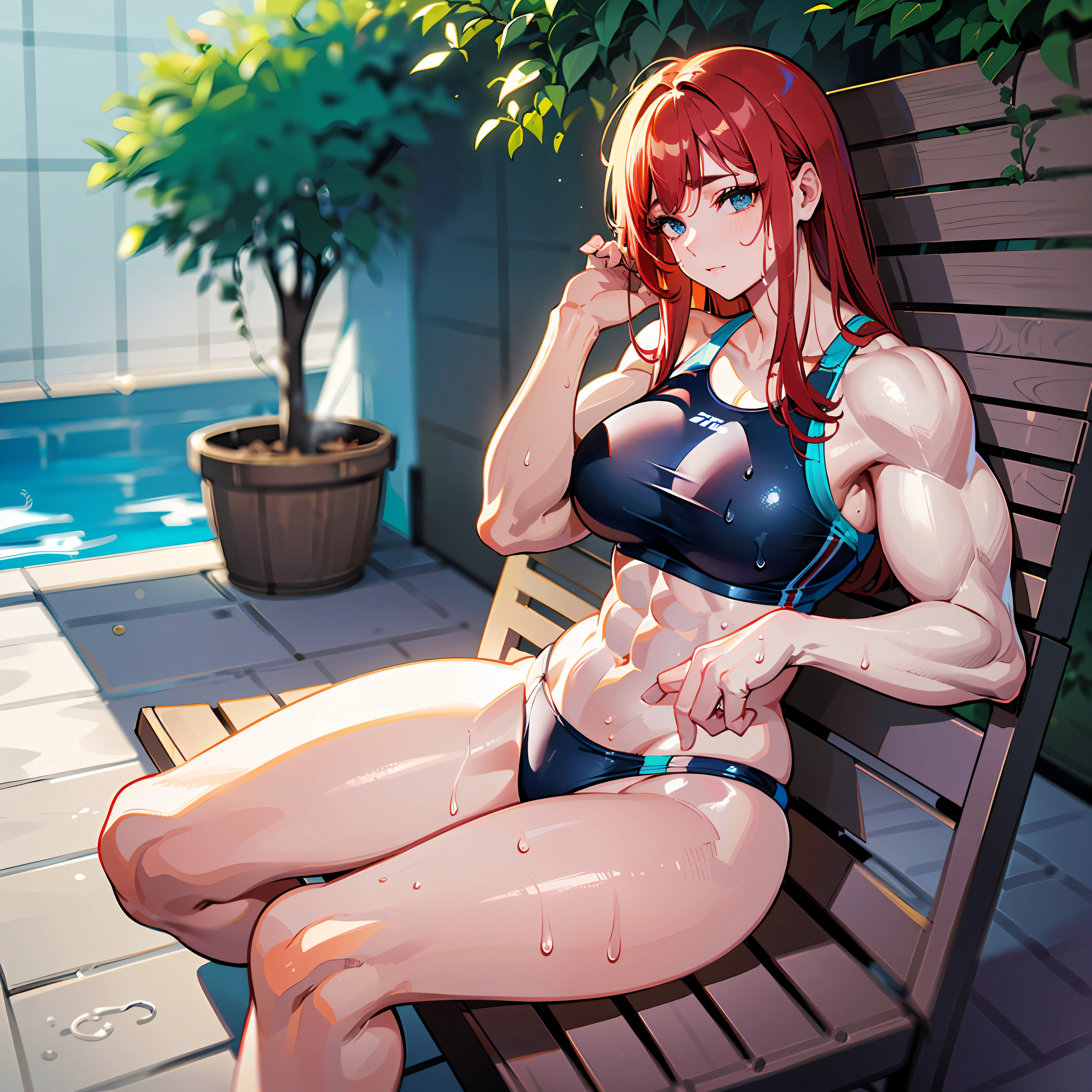 ((masterpiece))、((Top image quality))、((top-quality))、(((Illustration of one woman)))、(((muscle woman)))、full body Esbian、((30-years old))、((neuter))、(long hair with red hair)、Blue eyes、((Long body))、(((perspiring)))、((Steam wafting all over the body))、((Body wet with sweat))、(((Muscular and strong body)))、((Split abs))、(((muscular and thick arms)))、(((muscular and thick thighs)))、((manspreading))、((Sports Swimwear))、Sitting on a deck chair、in poolside