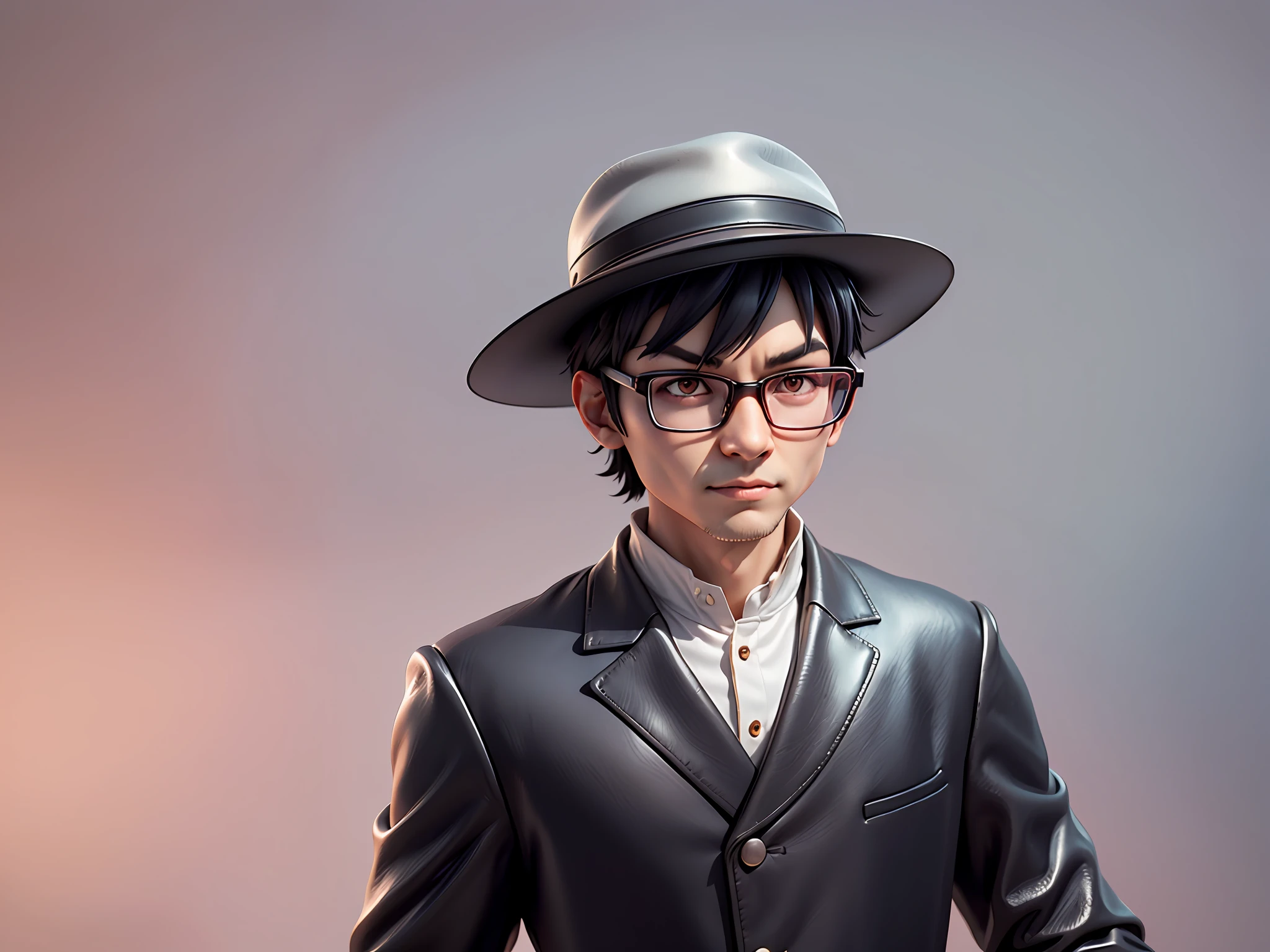 Young man with oriental face in leather hat, dragon, formal suit, short black hair, silver glasses, digital painting, 3D character design by Mark Clairedon and Pixar and Hayao Miyazaki and Akira Toriyama, the illustration is a high-definition illustration in 4K resolution with very detailed facial features and cartoon-style visuals.