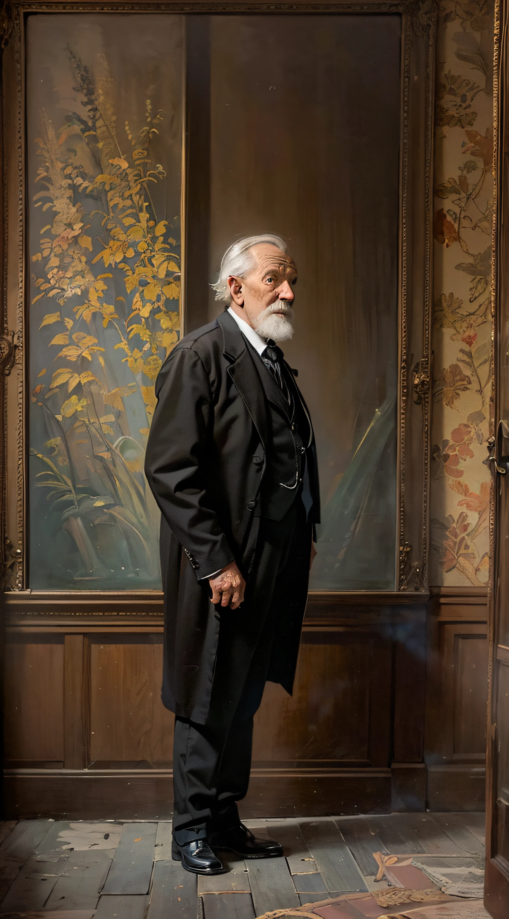 framed picture oil painting , portrait of older man, 19th century, 1900, in the historical interior environment, darkened room, cinematic lighting, contrast lighting, raw --v 5.2