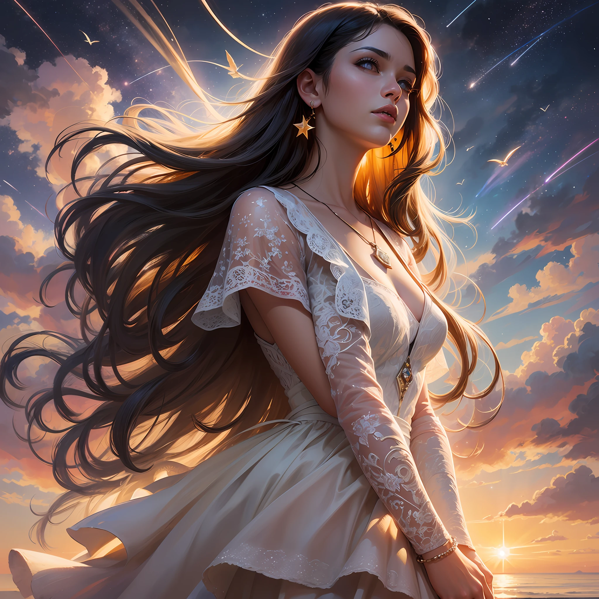 see through, from below, super long hair, wavy hair, pastel color, flying birds, shooting star, galaxy, 1girl, solo, long hair, jewelry, earrings, outdoors, sky, cloud, necklace, lips, wind, sunset, arm bracket, head chain, body chain, instricate details, ornamental, blurry background, foggy background, (rim light:1.2), (back light:1.2), ((Crepuscular Ray)), oilpainting style, --auto --s2