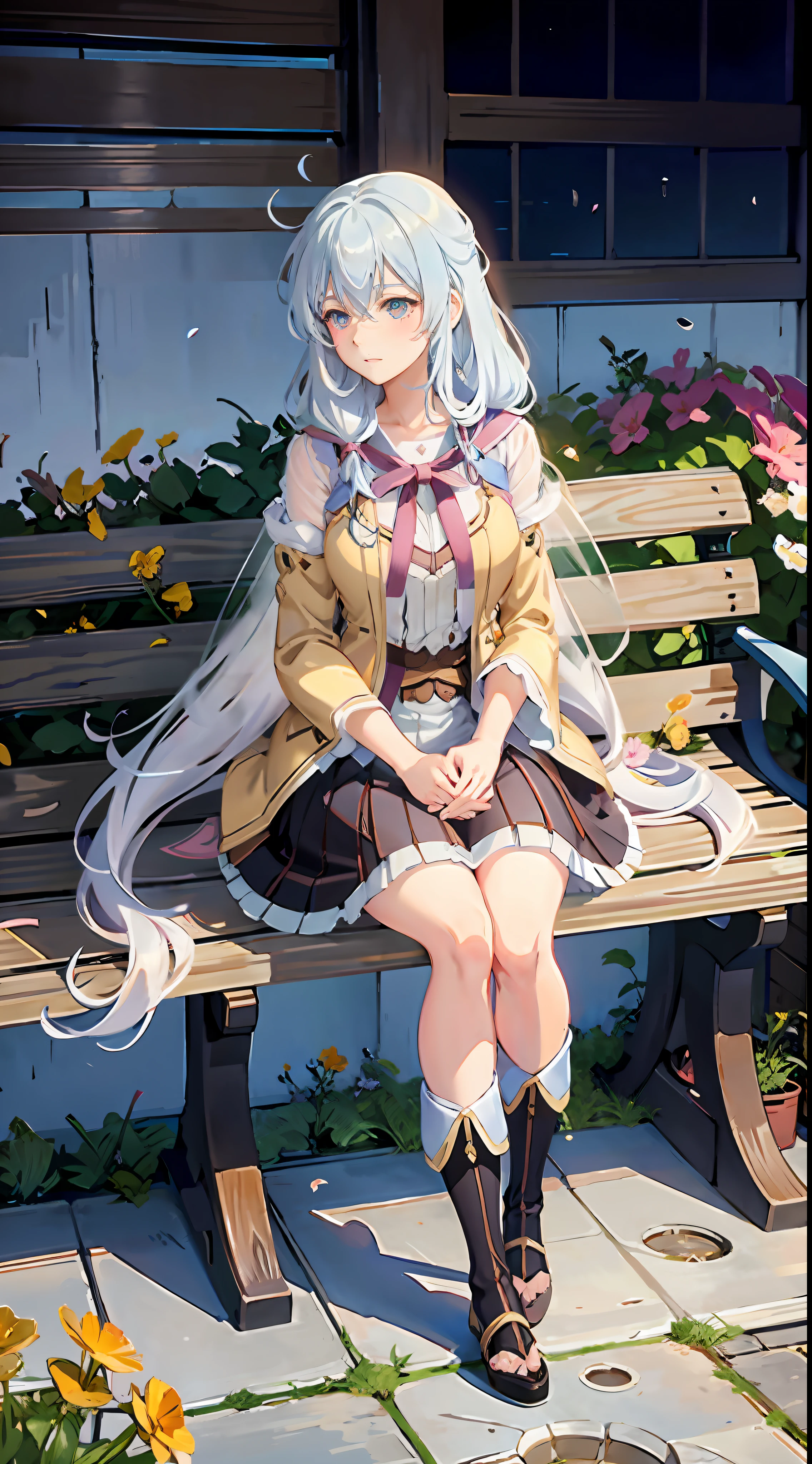 anime girl sitting on a bench in a garden of flowers, guweiz, guweiz masterpiece, artwork in the style of guweiz, beautiful anime, beautiful anime girl, smooth anime cg art, guweiz on pixiv artstation, anime visual of a cute girl, ethereal anime, (anime girl), anime girl with long hair, pretty anime girl