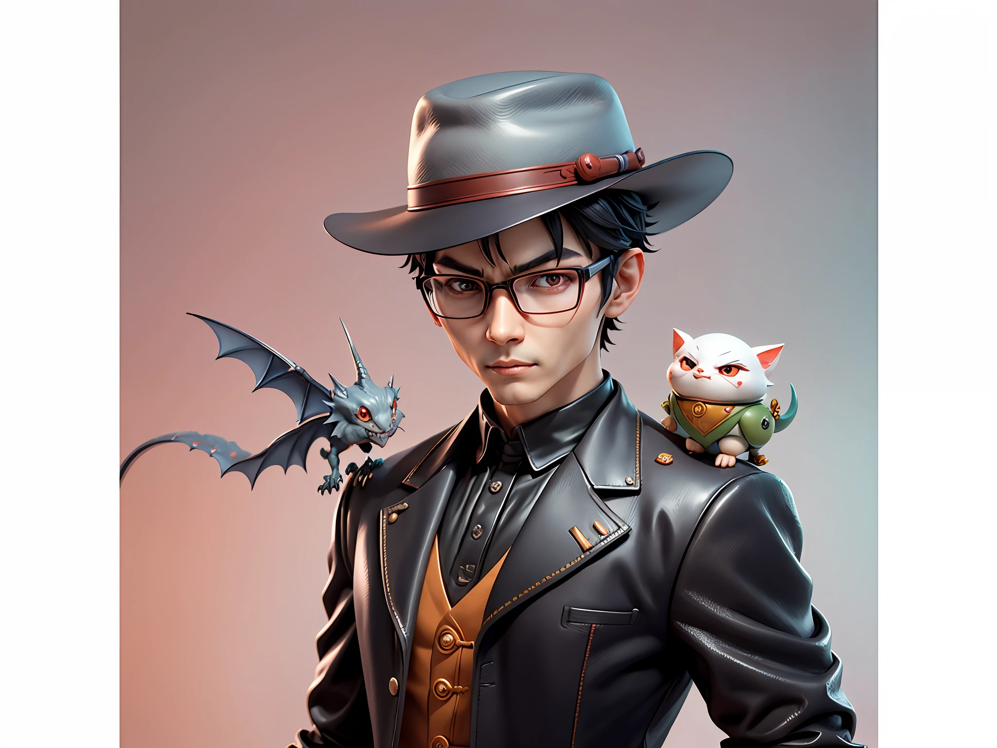 Young man with oriental face in leather hat, dragon, formal suit, short black hair, silver glasses, digital painting, 3D character design by Mark Clairedon and Pixar and Hayao Miyazaki and Akira Toriyama, the illustration is a high-definition illustration in 4K resolution with very detailed facial features and cartoon-style visuals.