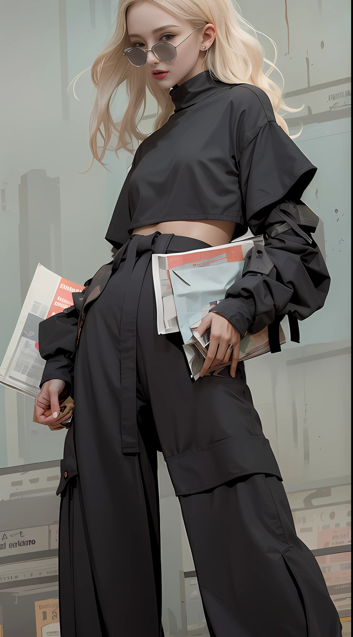 Blonde woman dressed in black holding newspaper and newspaper in her hand, photograph of a techwear woman, futuristic tech wear, wearing japanese techwear, inspired by Gao Cen, wearing cyberpunk streetwear, cargo pants. Cyberpunk city, dystopian scifi outfit, wearing space techwear,  Street attire, techwear look and clothes, wearing urban techwear, cyberpunk style outfit，Lunette de soleil，