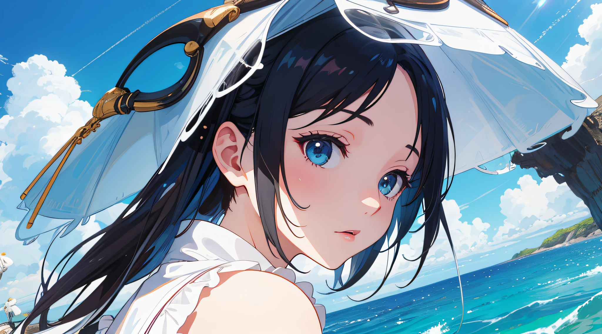 No Man， scenecy， vanishing point， from below， tmasterpiece， best qualtiy， 8k， absurderes， waterface， 夏天， mid day， rays of sunshine， with blue sky and white clouds， ssee-through， depth of fields， A high resolution， finedetail， ultra - detailed， Sharp focus