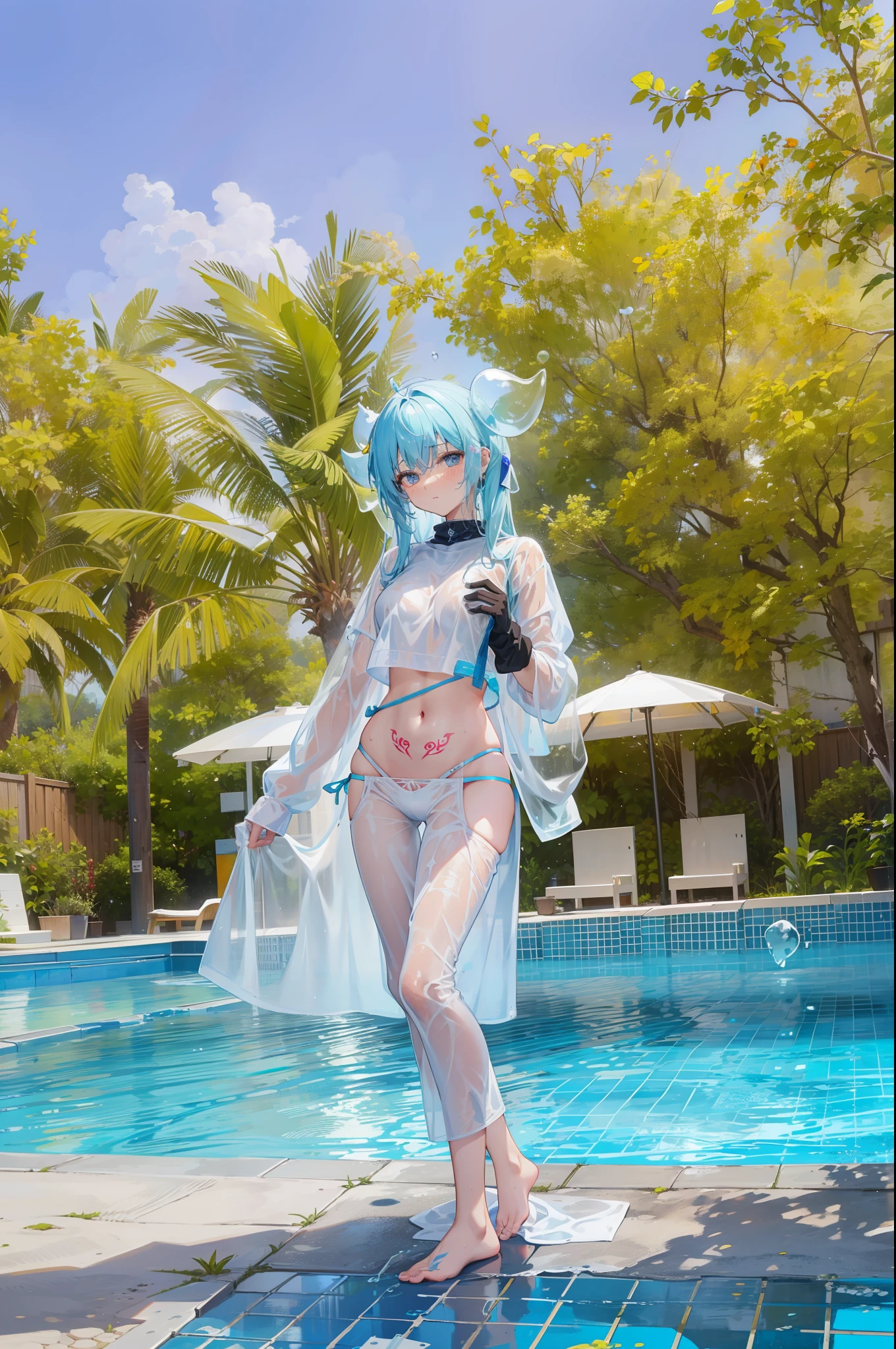 Slime, sweat, Wet clothes, Detailed faces, 8k image quality, A lot of milky  sticks to the shirt,  flows from the  and sticks to the groin, hentai tattoos,Clear hand and foot details,transparent clothing