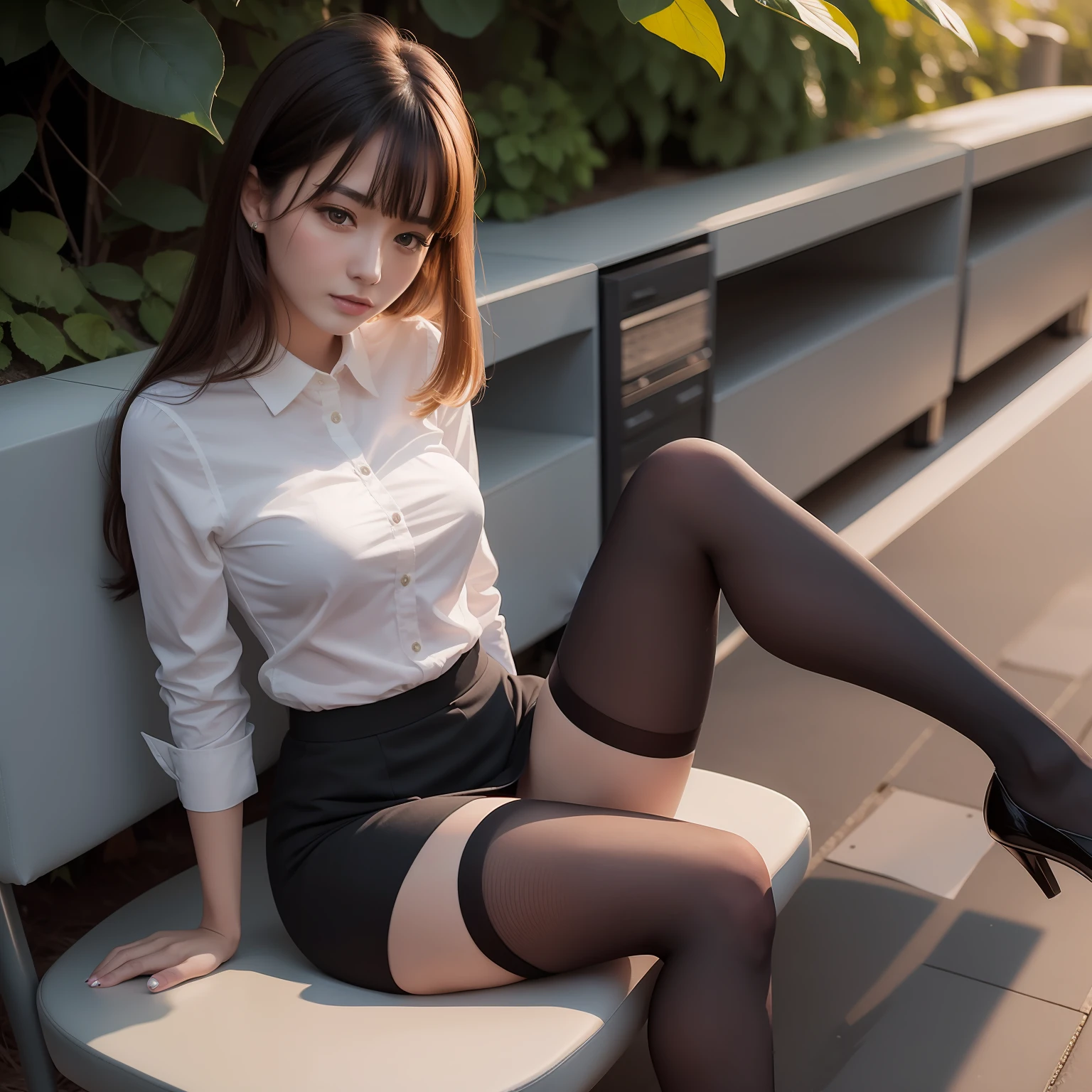 Best quality, full body portrait, delicate face, pretty face, 25 year old woman, slim figure, small bust, OL uniform, office clothes, black stockings, outdoor scene, sitting position