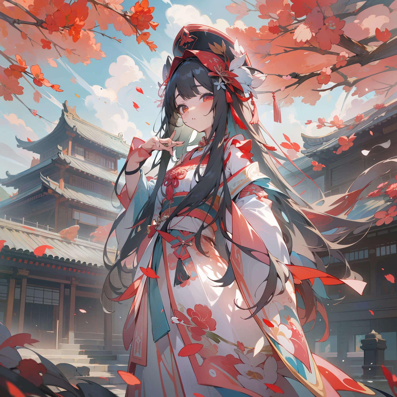 (8K、Raw photography:1.2)、top-quality、超A high resolution、Dramatic angles、(Fine-colored splashes flutter)、(illustratio)、(((女の子1人)))、(long)、(Air bubble:0.9)、 (hair adornments:1.4)、There is an ancient palace next to the girl、chinese clothes、(Focus)、Color Ink Painting、(Color splash)、Colorful splashes、(((colourfull)))、(Sketched:0.8) 、​masterpiece、best qualtiy、Beautifully painted、A highly detailed、(denoise: 0.6)、[Splash ink]、((Ink refraction))、(Beautiful detailed sky)、a moon、A highly detailed、(​masterpiece、best qualtiy、A highly detailed) CG Unity 8k wallpapers、​masterpiece、top-quality、ultra-detailliert)、(Lycoris radiata)、、