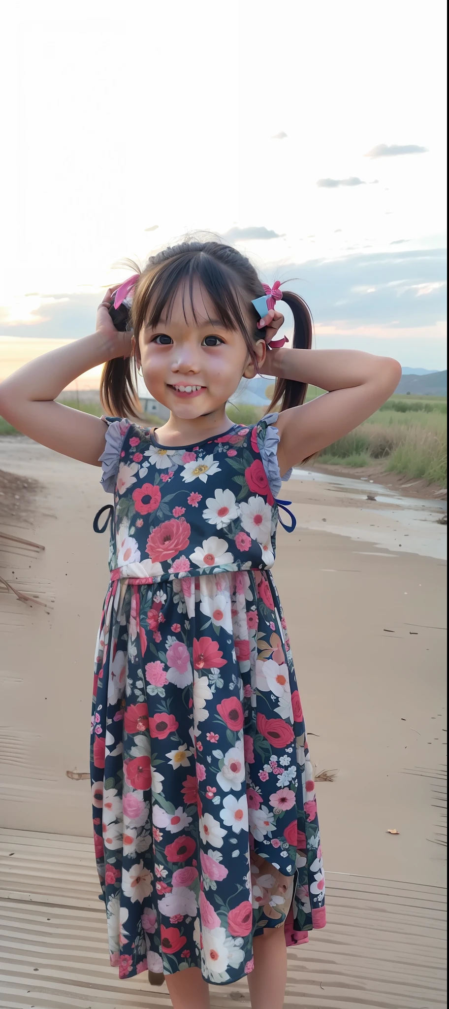There was a standing on a dirt road,Holding your hair, portrait mode photo, taken with sony alpha 9, taken with a Sony A7R camera, ruan jia beautiful!, Four years old, 2 years oldikon z9, Cute young girl, Young Asian girl, taken with canon eos 5 d mark iv, she has two ponytails,8k