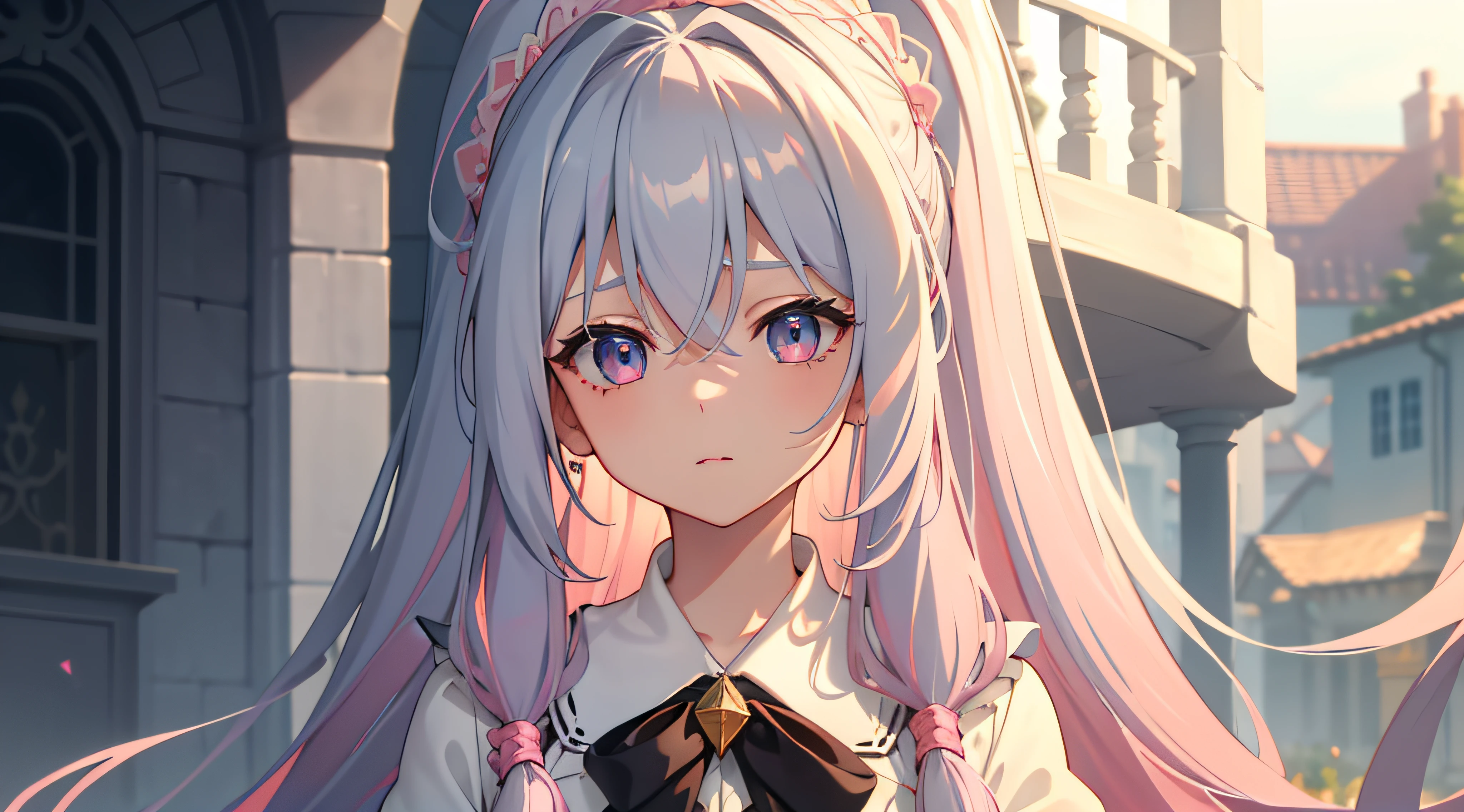 very long hair, parted bangs, hair between eyes, crossed bangs, pink hair, asymmetrical bangs, dreadlocks, crystal hair, hair strand, high ponytail, hair bell, pleatedskirt, Girls' high school attire, lolita hairband, aqua eyes, gradient eyes, orange eyes, bright pupils, parted lips, anime style, ray tracing, depth of field, from below, Look from inside to outside, On wide balcony, masterpiece, ccurate, high details, best quality, 16k