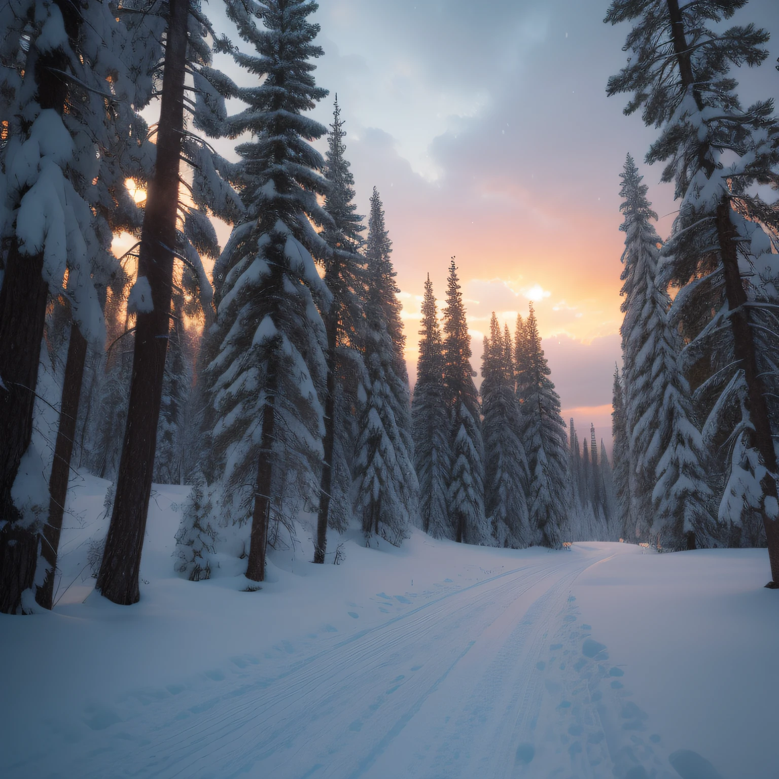obra maestra, la mejor calidad, alta calidad, fondo de pantalla CG unity 8k extremadamente detallado, Taiga, silencio, Imposing coniferous trees, suelo de bosque cubierto, Severe cold weather, belleza serena, nieve, invierno, verano templado, brisa, agujas, ramas, Bokeh, Profundidad of Field, HDR, bloom, chromatic abberation, fotorrealista, extremadamente detallado, tendencia en artstation, tendencia en CGsociety, intrincado, alto detalle, dramatic, arte de midjourney