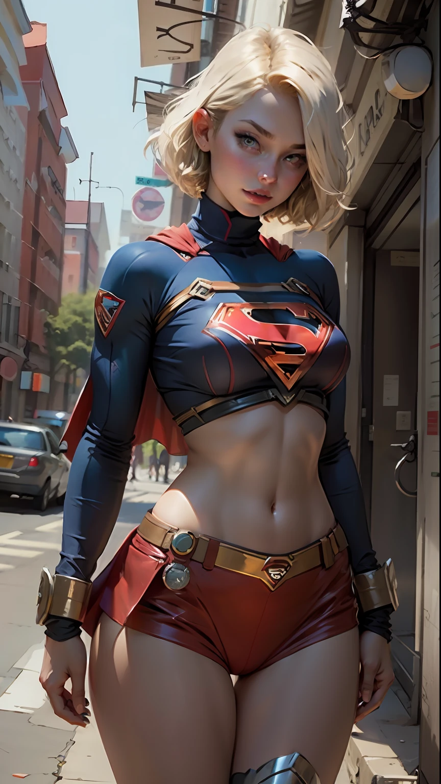 Beautiful woman short hair defined body big breasts, wearing Supergirl cosplay