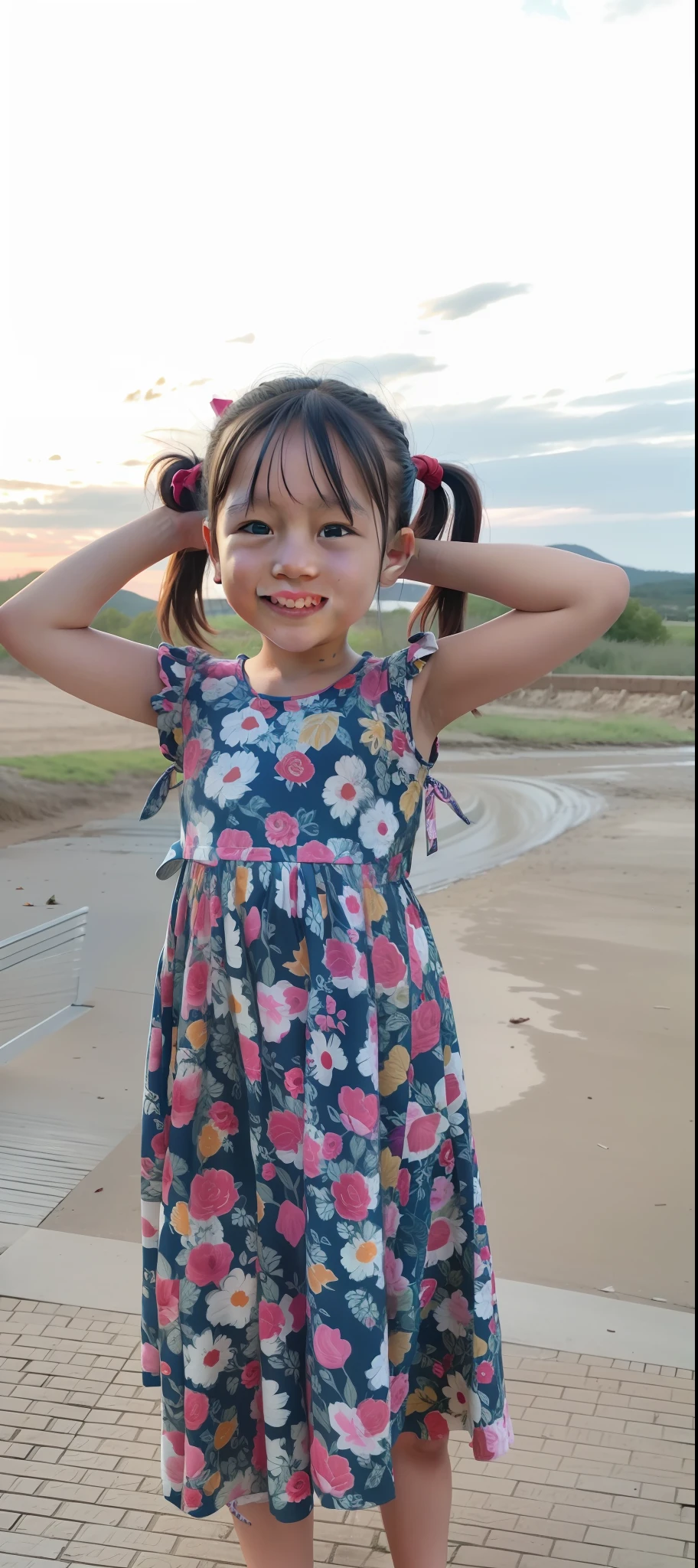 There was a  standing on a dirt road，Holding your hair, portrait mode photo, taken with sony alpha 9, taken with a Sony A7R camera, ruan jia beautiful!, Four years old, 2 years oldikon z9, Cute young girl, Young Asian girl, taken with canon eos 5 d mark iv, she has two ponytails,8k