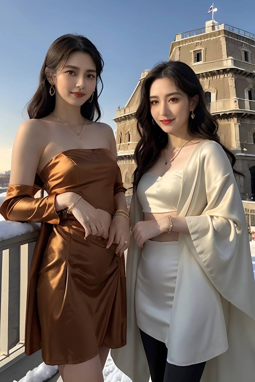 2girls,duo,navel,(silk,satin,on the Castel Sant'Angelo of Rome,crowd,winter,Snow),BREAK Night Light, Drama Light, Earrings, Necklace, Bracelet