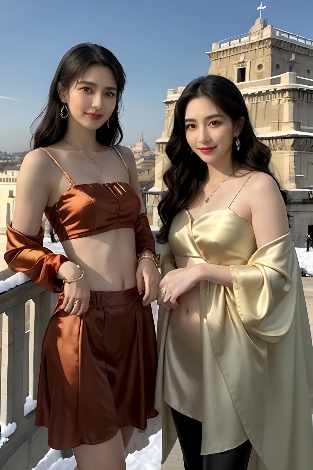2girls,duo,navel,(silk,satin,on the Castel Sant'Angelo of Rome,crowd,winter,Snow),BREAK Night Light, Drama Light, Earrings, Necklace, Bracelet