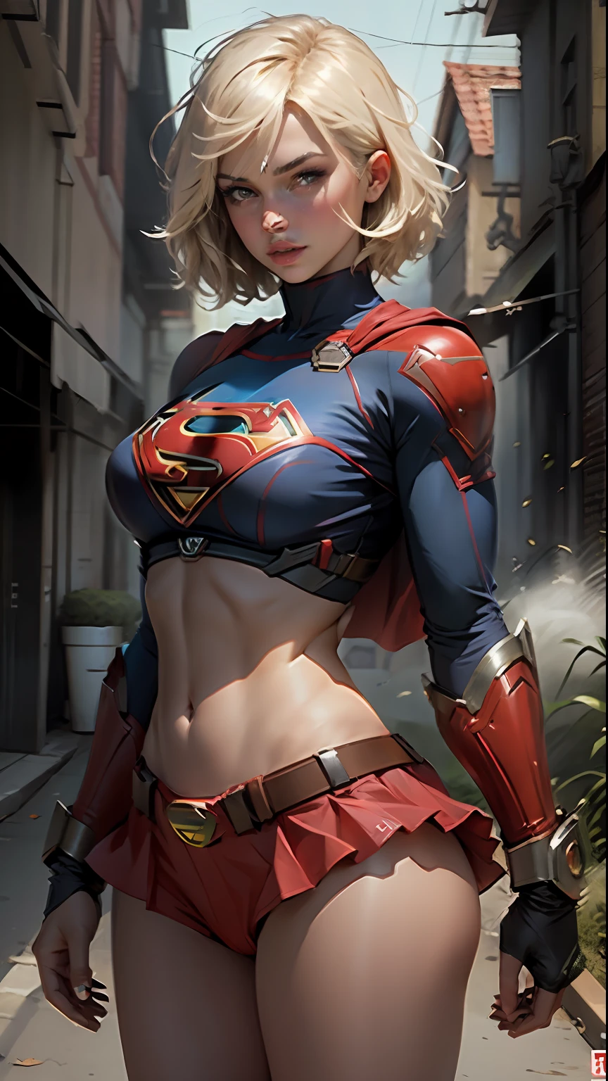 Beautiful woman short hair defined body big breasts, wearing Supergirl cosplay