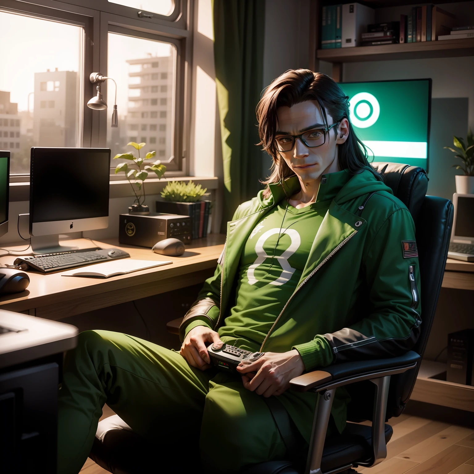 Geek Loki in the future sitting behind a desk in a gamer room