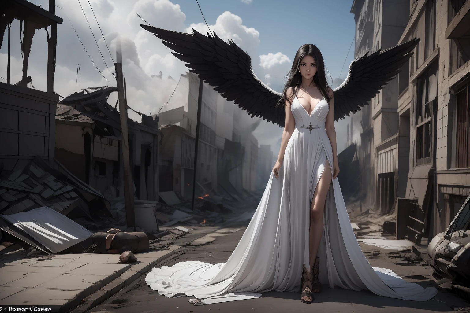 (front view:1. 2) of a black and graceful fallen female angel,finely detailed features,warmly lit from the front,hyper realistic, ultra detailed photograph of a woman, large white wings folded down, sad, intricate white dress, walk on decrepit street in fire, destroyed buildings, dark sky, active fires in background, volumetric fog, subsurface scattering, ambient occlusion, post apocalyptic, ruins of war, fire, smoke,