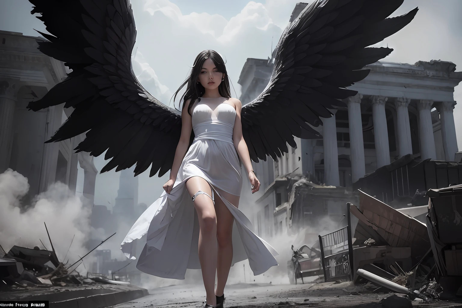 Una mujer con un vestido blanco con alas caminando por una ciudad destruida, super wide angel, Villainess has black angel wings, beautiful cyborg angel girl, Angel with black wings, fallen angel, epic angel wings, wide angel, big angel wings wide open, beautiful female angel, wide angel shot, angel protecting woman, dark angel, angel knight gothic girl, girl with angel wings