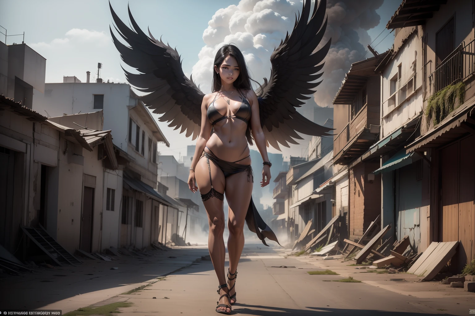 (Front view:1. 2) de um anjo feminino negro e gracioso,finely detailed features,calorosamente iluminado a partir da frente,hyper realistic, fotografia ultra detalhada de uma mulher, grandes asas brancas dobradas para baixo, triste, intrincado vestido branco, Walk on the decrepit burning street, Destroyed buildings, dim sky, active fires in the background, volumetric fog, Subsurface scattering, Ambient occlusion, Post apocalyptic, Ruins of War, fire, smoke billowing, Visible and animated , sem calcinha, visible and excited nipples