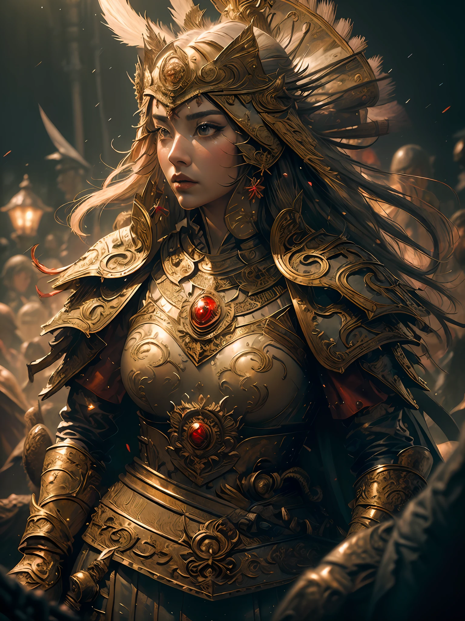 ((masterpiece))), (((best quality))), ((ultra-detailed)), (hyperrealistic), (highly detailed CG illustration), cinematic light, photorealistic, extremely beautiful young lady, light makeup, big breast, intricate detailed eaba, red cape, spear, shining, gloss