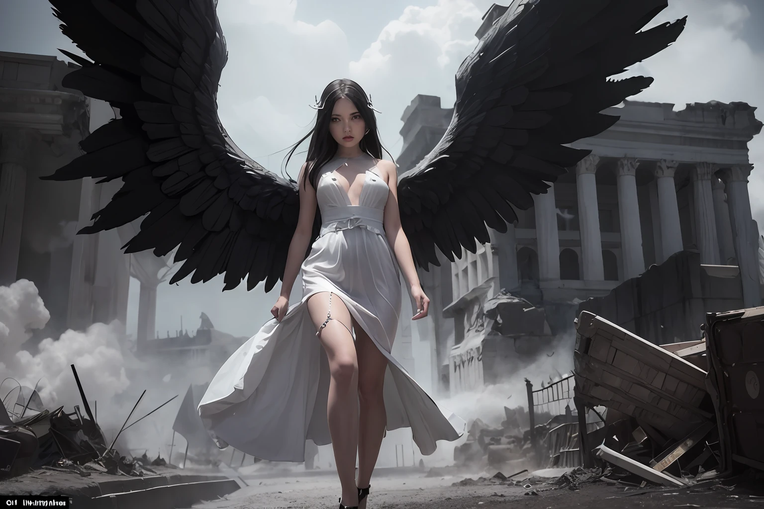 Una mujer con un vestido blanco con alas caminando por una ciudad destruida, super wide angel, Villainess has black angel wings, beautiful cyborg angel girl, Angel with black wings, fallen angel, epic angel wings, wide angel, big angel wings wide open, beautiful female angel, wide angel shot, angel protecting woman, dark angel, angel knight gothic girl, girl with angel wings