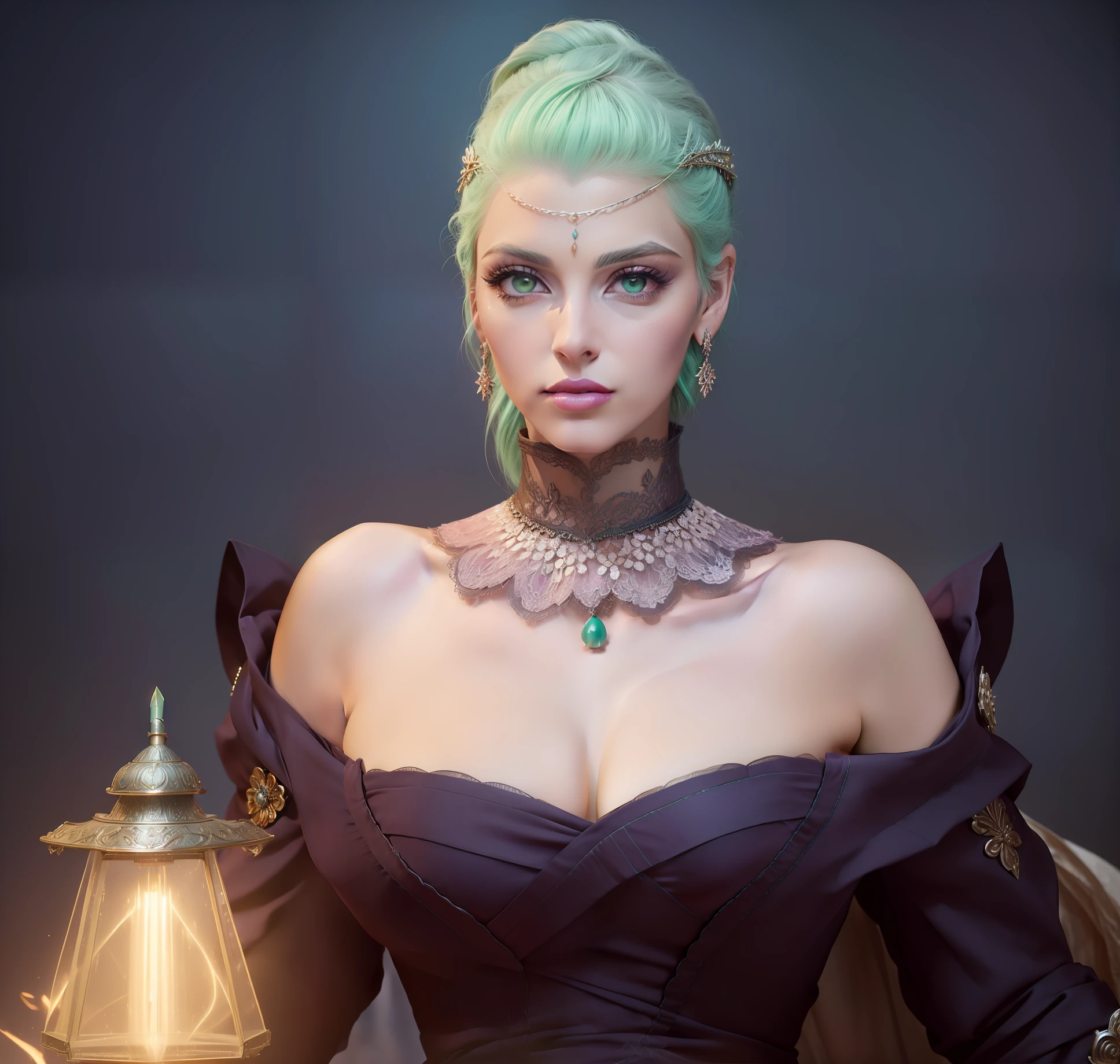 There is a woman with light green hair, (((pink lipstick on lips))) (((look-at-camera)), e um vestido preto segurando uma lanterna, sedutora mulher mesmer, (((peitos grandes))), render divino, unreal engine render + uma deusa, Retrato de uma feiticeira, dressed like a cleric, cabelos ornamentados, pretty female cleric, cinematic goddess close shot, retrato, Retrato de um mago feminino, 8k octae renderizar foto