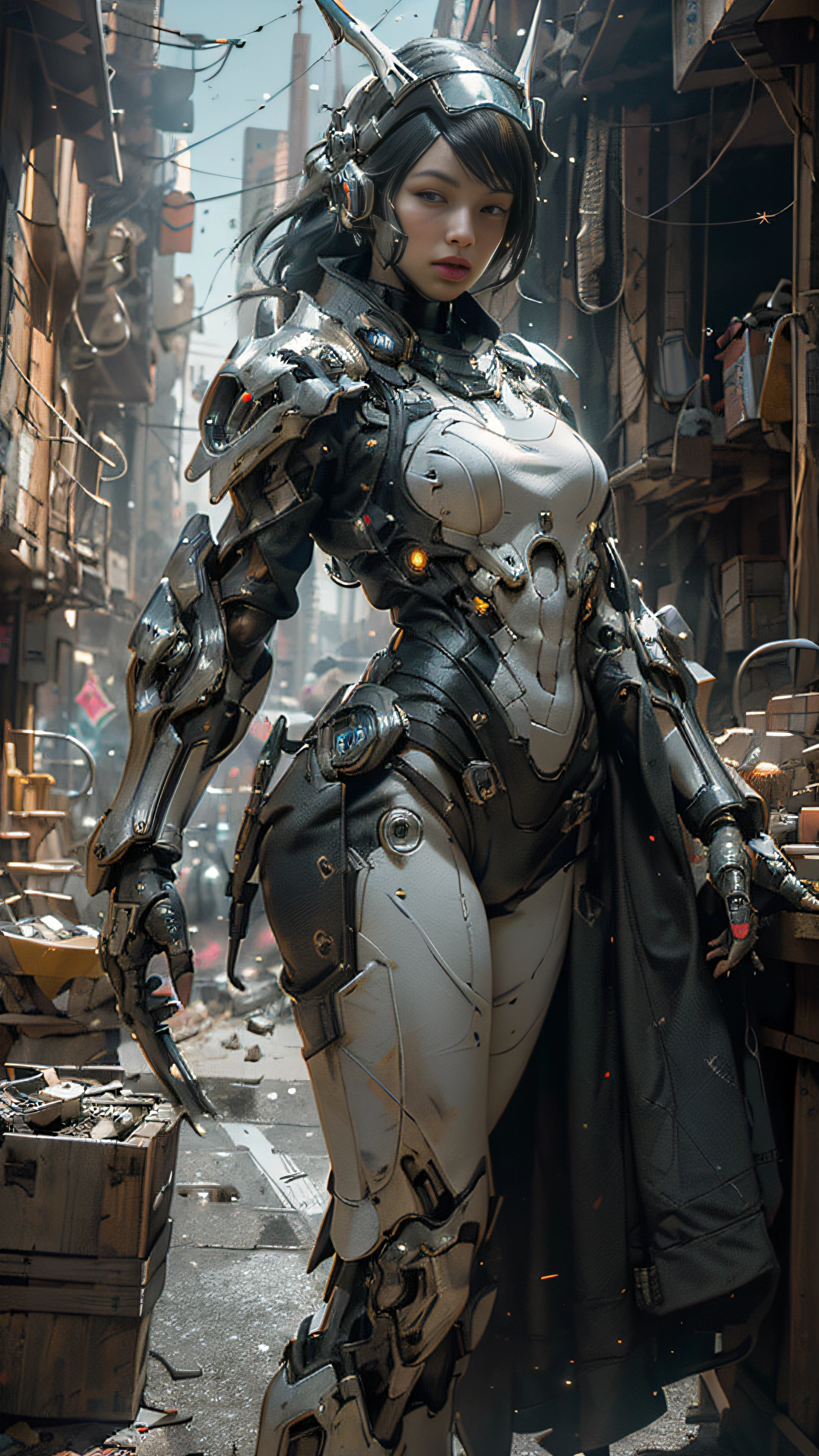 ((best quality)), ((masterpiece)), ((realistic)), (detailed), (photorealistic:1.5), a futuristic girl, (thick body), (white bodysuit), lights on armor, cybernetic headwear, looking at viewer, dynamic pose, post apocalyptic, destroyed city background, buildings on fire, science fiction, hdr, ray tracing, nvidia rtx, super-resolution, unreal 5, subsurface scattering, pbr texturing, post-processing, anisotropic filtering, depth of field, maximum clarity and sharpness, rule of thirds, 8k raw, (luminescent particles:1.4), (extremely detailed cg, unity 8k wallpaper, 3d, cinematic lighting, lens flare), reflections, sharp focus, cyberpunk art, cyberpunk architecture,