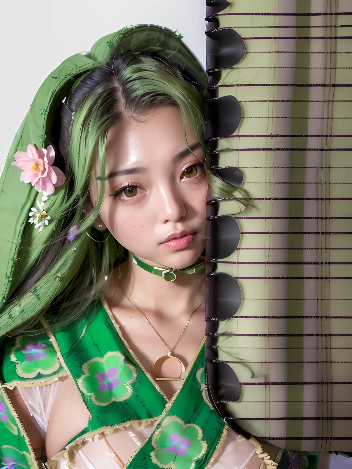 A Cijiao woman wearing a green JK uniform, Brown eyes, dark gold hair, Ultra photo realsisim, 4K, Masterpiece, Beautiful, Facing the viewer, Headshot, ((White skin)), Deep cleavage