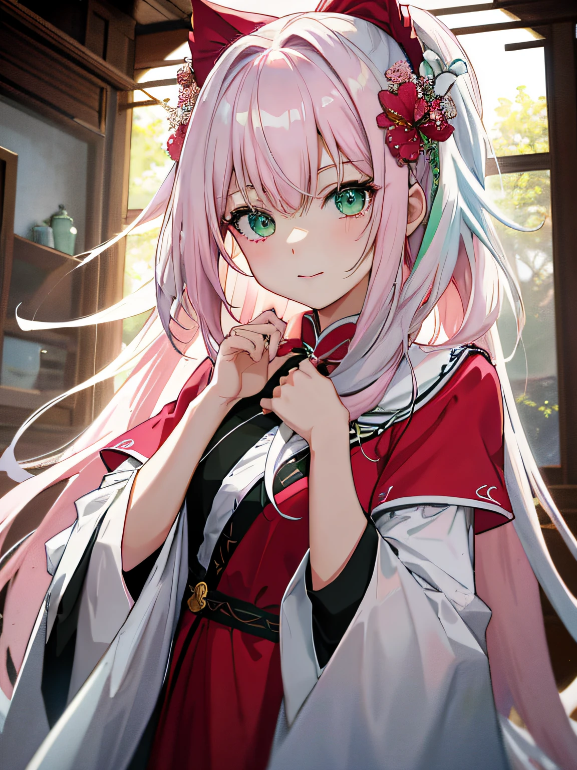 anime girl with pink hair and green eyes wearing a red dress, mikudayo, sakura haruno, style of anime4 K, a beautiful anime portrait, Best anime 4k konachan wallpaper, anime visual of a cute girl, white-haired god, cute anime waifu in a nice dress, cute anime girl portraits, up of young anime girl, Cute anime girl portrait, portrait anime girl
