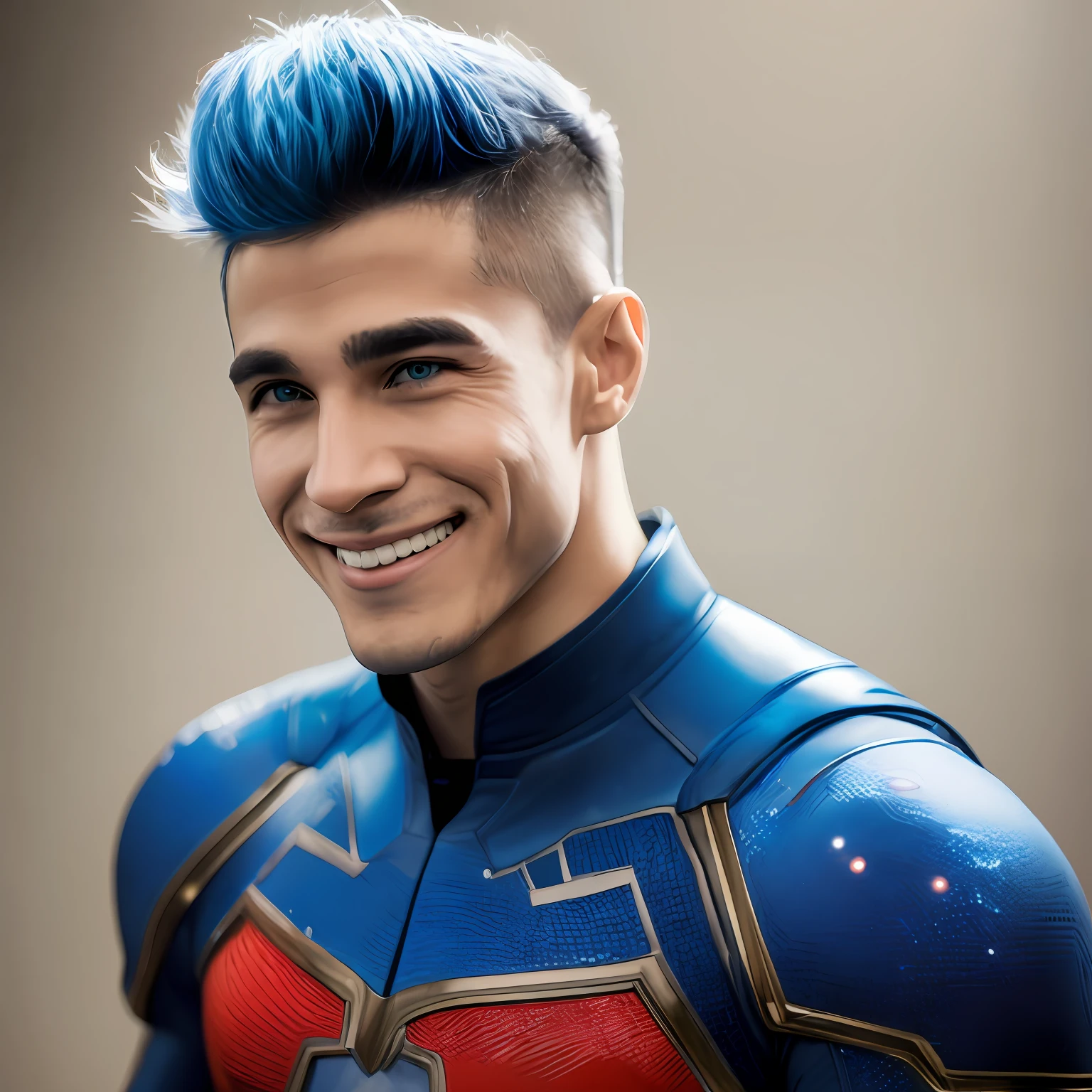 create perfectly-scentered portrait of galaxyman young adult cosmic male supehero, front view, great muscles, nice smile, he has blue hair, intricate details, HDR, beautifully shot, hyperrealistic, sharp focus, 64 megapixels, perfect composition, high contrast, cinematic --auto