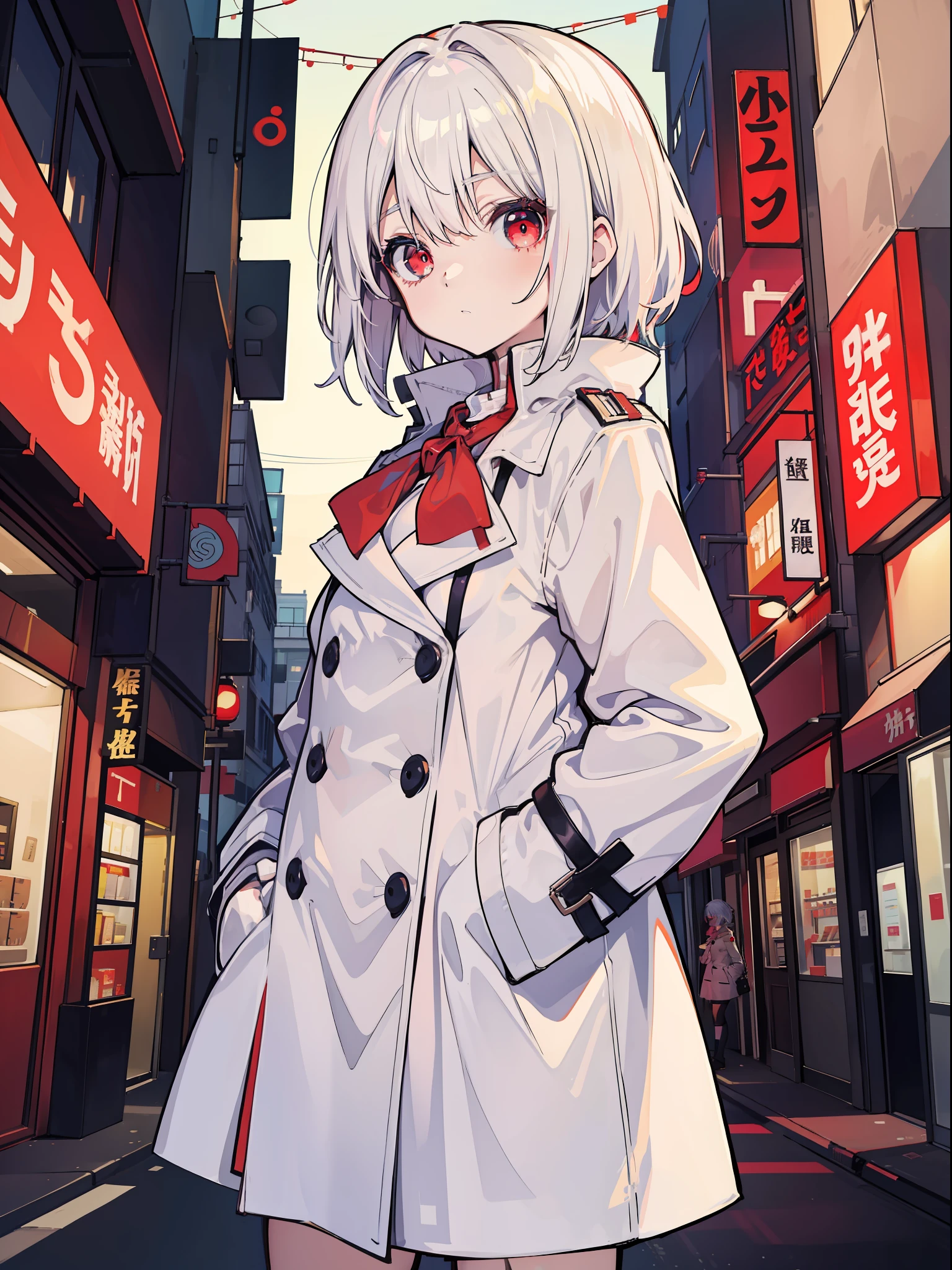 anime big breast，1girl，White-haired, red-eyed, shy small-breasted loli in a trench coat，Set against the backdrop of a shopping street，Hands in your clothes pockets