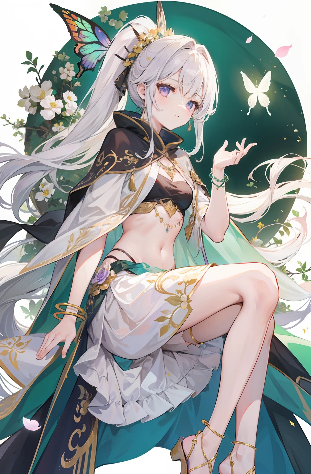 (Extremely delicate and beautiful:1.2),1girll, ,long white hair,High ponytail,metal decoration,Anklets,Bracelet,Dark green lined cloak,brown clothes,Dark green bandeau,Dark shawl,Lilac eyes,with a round face,ssmile,Surrounded by falling flowers and erflies,long cape,Sit on a tree trunk,Clothes cover the legs,Exotic,Cover part of the waist,Bow and arrow in hand