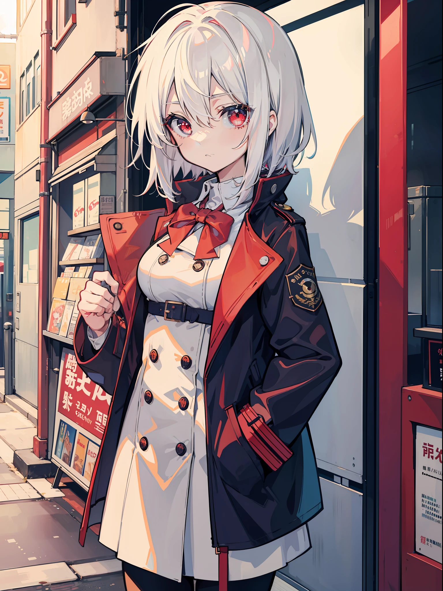 anime big breast，1girl，White-haired, red-eyed, shy small-breasted loli in a trench coat，Set against the backdrop of a shopping street，Hands in your clothes pockets