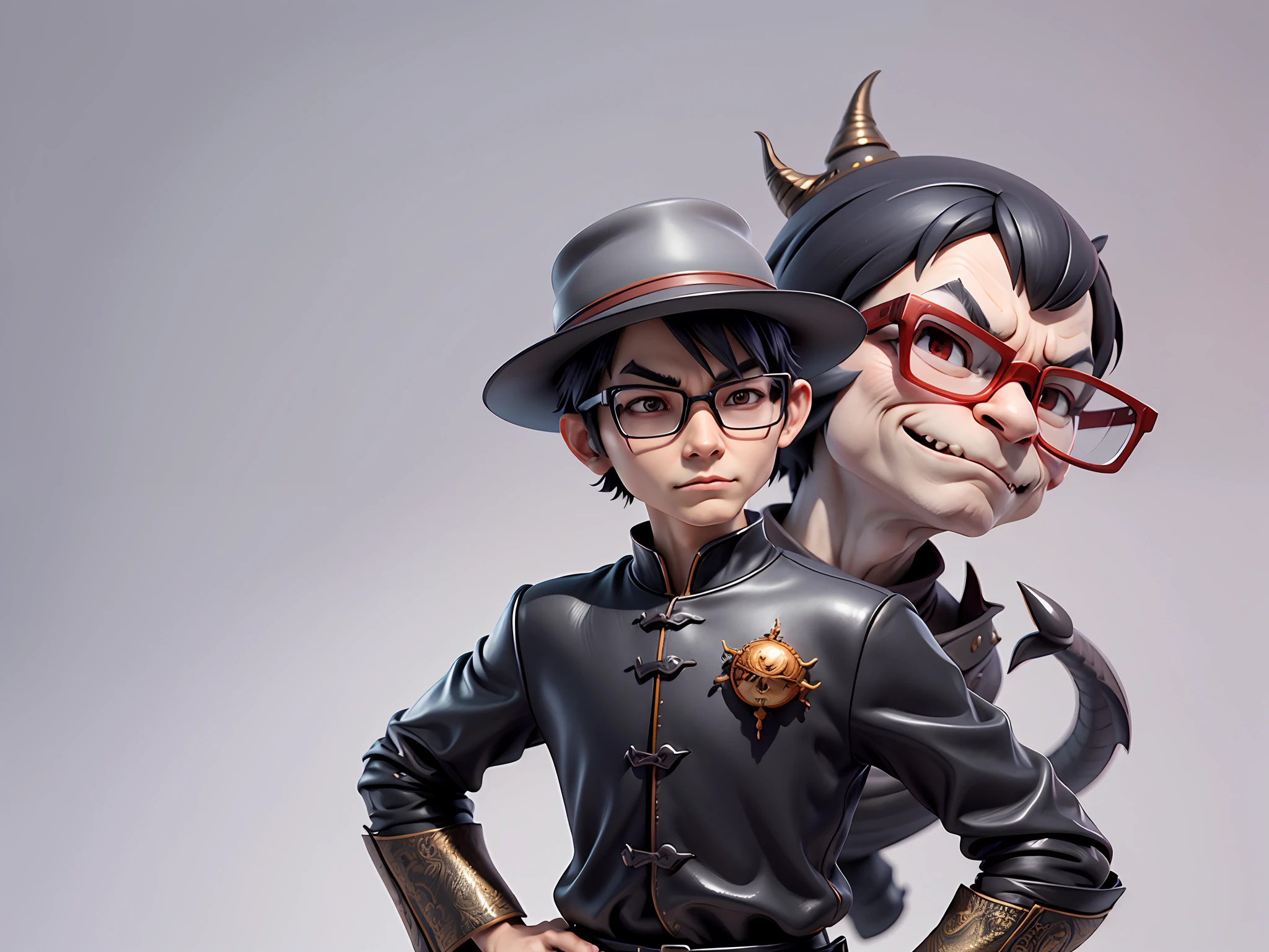 Young man with oriental face in leather hat, dragon, formal suit, short black hair, silver glasses, digital painting, 3D character design by Mark Clairedon and Pixar and Hayao Miyazaki and Akira Toriyama, the illustration is a high-definition illustration in 4K resolution with very detailed facial features and cartoon-style visuals.