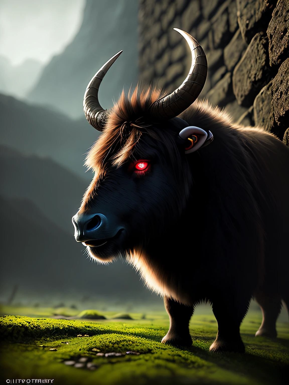 ((A huge yak)), greek myth, Monster, musculature, The sky and the earth are dark,salama,(Stomping on all fours)(The stone walls are covered with moss), Madness, ,Blood red eyes,
insanely details, Intricate details, ultra - detailed,
((Comic book style)), mistic, elegant, ((Domineering look)), dangers, (Fear and terror), Mordor, Creepy, Darkest horror background,
(Skin texture), intricately details, Fine details, ultra - detailed, Ray traching, Subsurface scattering, diffused soft lighting, Shallow depth of field, By (Oliver Wetter)
trending on artstationh, trending on CGSociety, Intricate, High detail, Sharp focus, Dramatic, photorealistic painting art by midjourney and greg rutkowski, Bokeh on the background,(Wide angle 1:3),