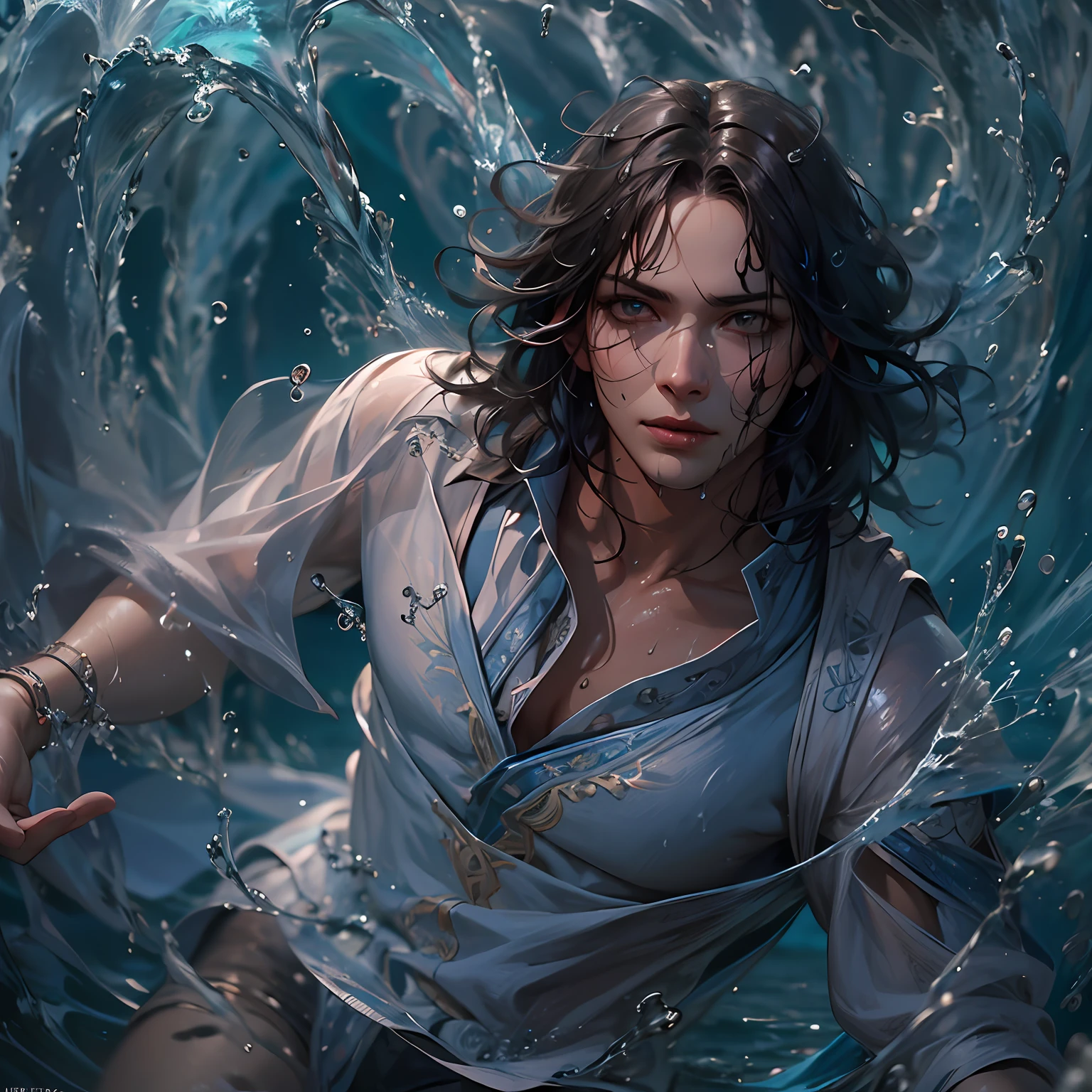 A ((male)) wizard (controls) water, water ((magic)), casting spell, water jets, from above angle, dynamic pose, award-winning photography, complex, detailed, stunning, fine detail, man with high detail, sensual, evocative, extremely detailed eyes and face, piercing eyes, muscular body, nikon d850 film, lens, portra 400 f1.6, rich colors, ultra-realistic texture, spectacular, bright, popular at art stations: cinc tungsten up to 800 ( facial transparency: 1.5), anatomical masterpiece, handsome stunning realistic, cinematic, glossy, wet dripping hair, attractive man, game render, hair texture, wet hair (wet hair), hanging), model style ( highly detailed CG wallpaper Unity 8k), popular on ArtStation, popular on CGSociety, Intricate High Detail, Sharp focus, art by john william waterhouse, greg rutkowski, georges rochegrosse, tom bagshaw